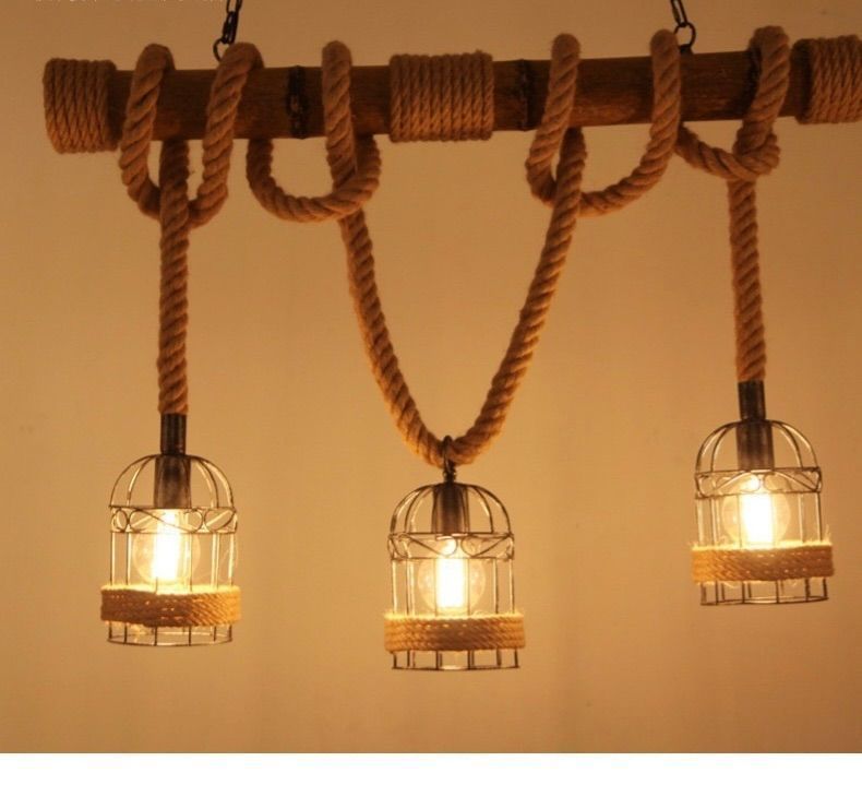 LED電球付き ヴィンテージ風 3灯シャンデリア 木材・金属・ロープ製
