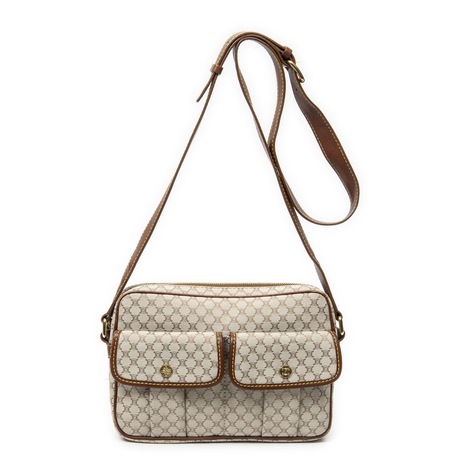 [中古] CELINE セリーヌフロントポケットクロスボディベージュ/ブラウンマカダムキャンバスA