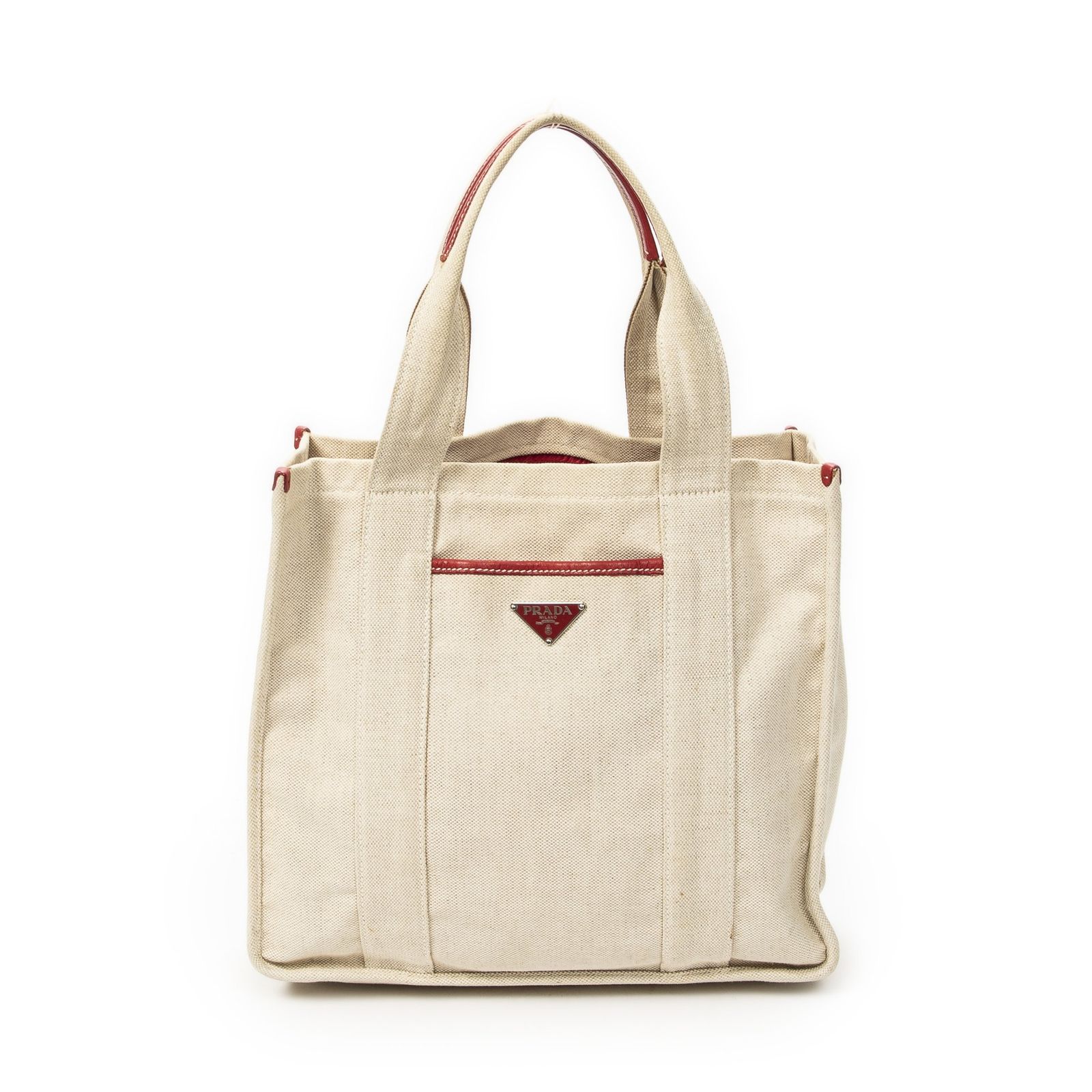 [中古] PRADA プラダ縦型ショッピングトートベージュ/レッドカナパキャンバスAB