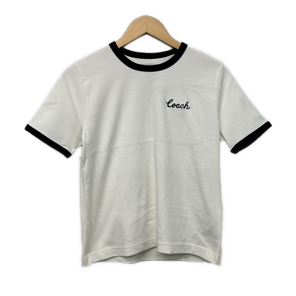 COACH(コーチ) 半袖Tシャツ サイズM レディース美品 シグネチャー リンガー Tシャツ CS612 白×黒 ロゴ刺繍