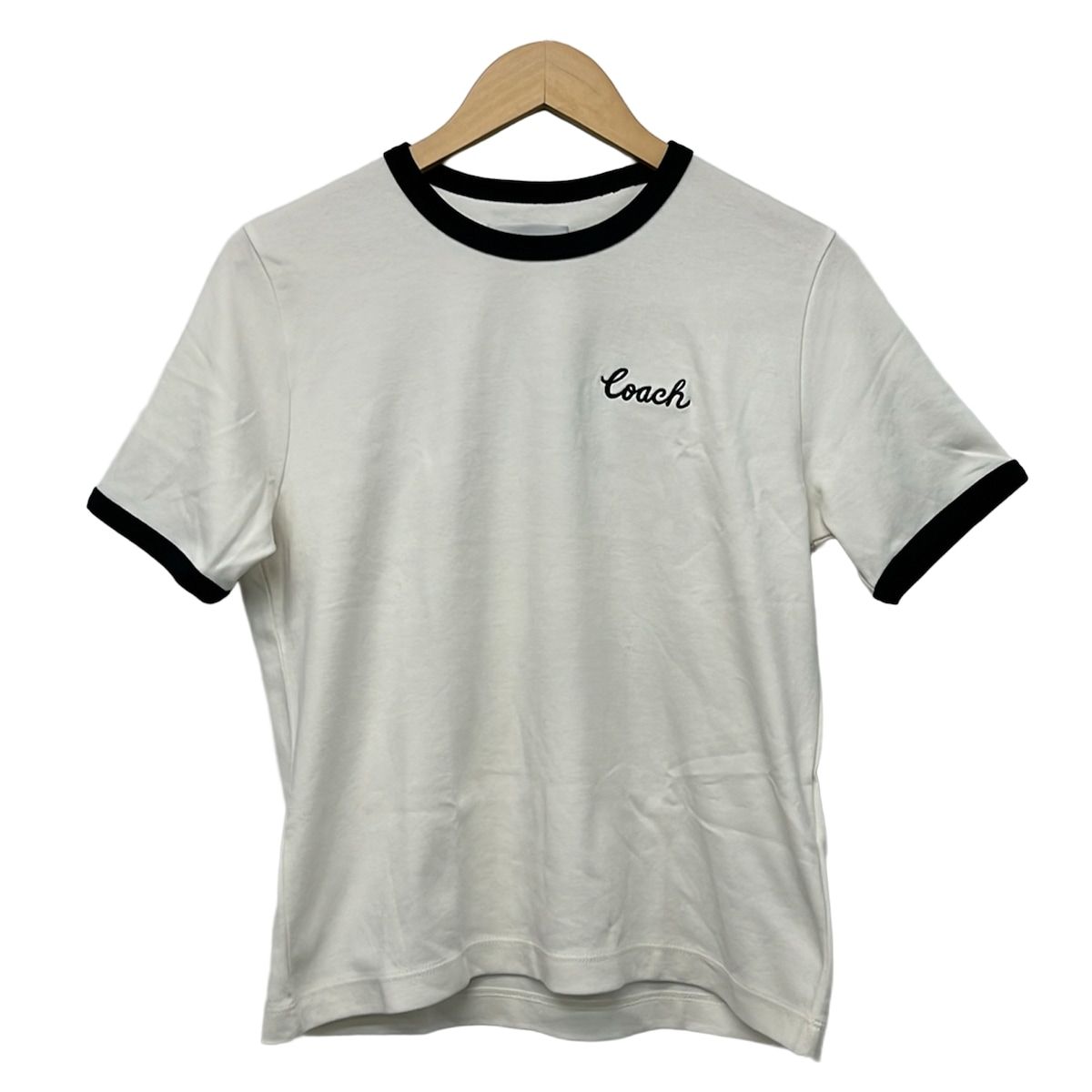 COACH(コーチ) 半袖Tシャツ サイズL レディース美品 シグネチャー リンガー Tシャツ CS612 白×黒 ロゴ刺繍
