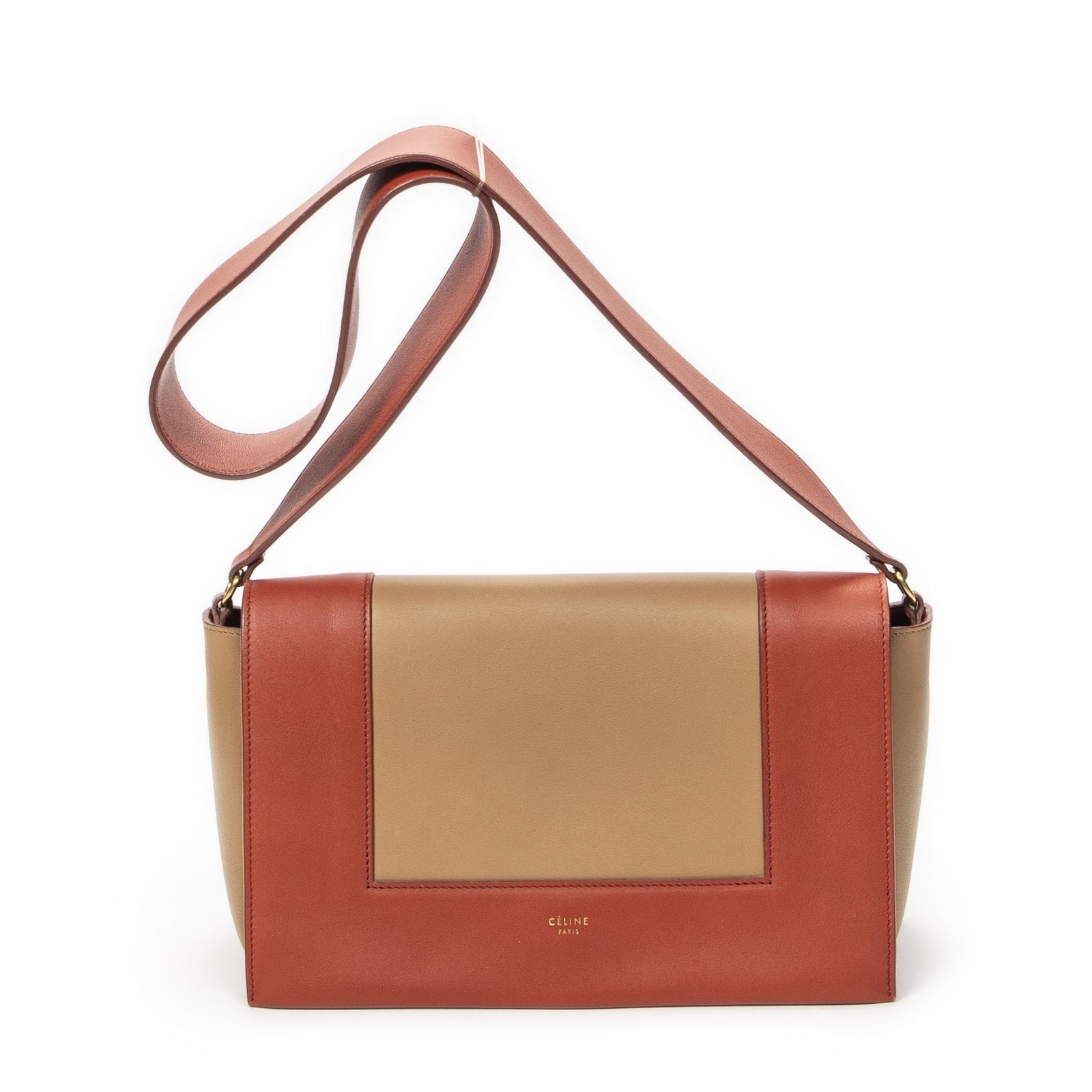 [中古] CELINE セリーヌミディアム フレーム クロスボディバッグオレンジ、ベージュカーフスキンレザーA