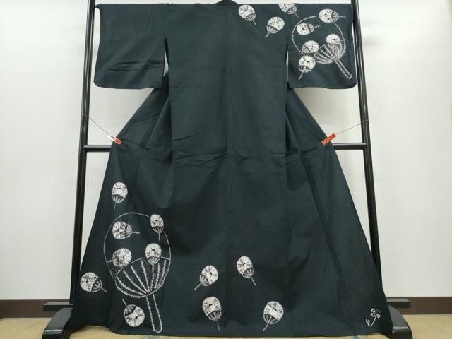 平和屋着物∴夏物　浴衣　訪問着　有松鳴海絞り　団扇吉祥文　黒地　綿　逸品　CABH1391ng