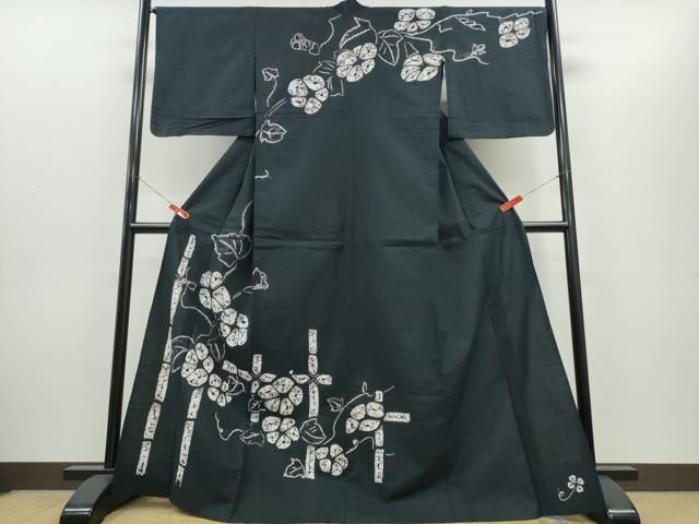 平和屋着物∴夏物　浴衣　訪問着　有松鳴海絞り　朝顔　竹垣文　黒地　綿　逸品　CABH1397ng