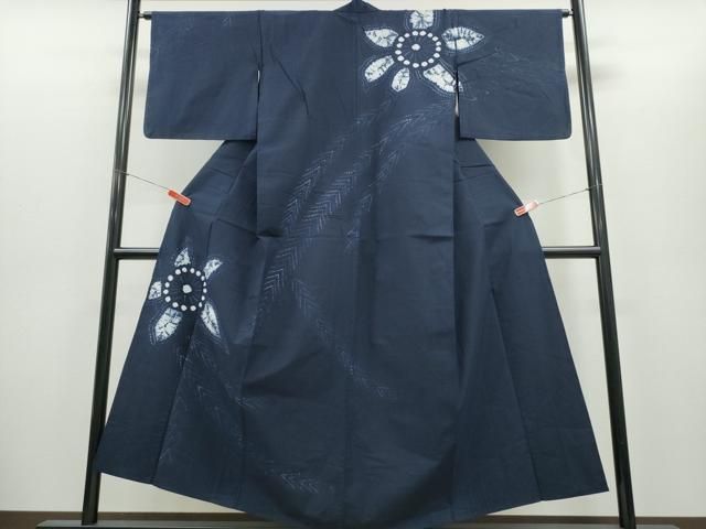 平和屋着物∴夏物　浴衣　訪問着　有松鳴海絞り　枝葉舞花文　濃紺地　綿　逸品　CABH1408ng