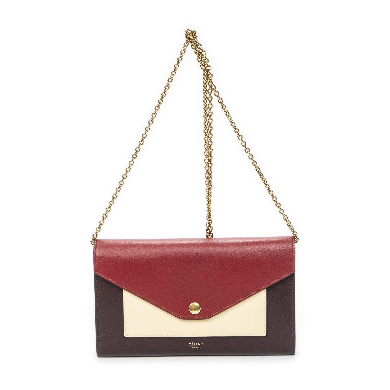 [中古] CELINE セリーヌエンベロープチェーンウォレットバーガンディ、赤、アイボリーカーフスキンレザーA