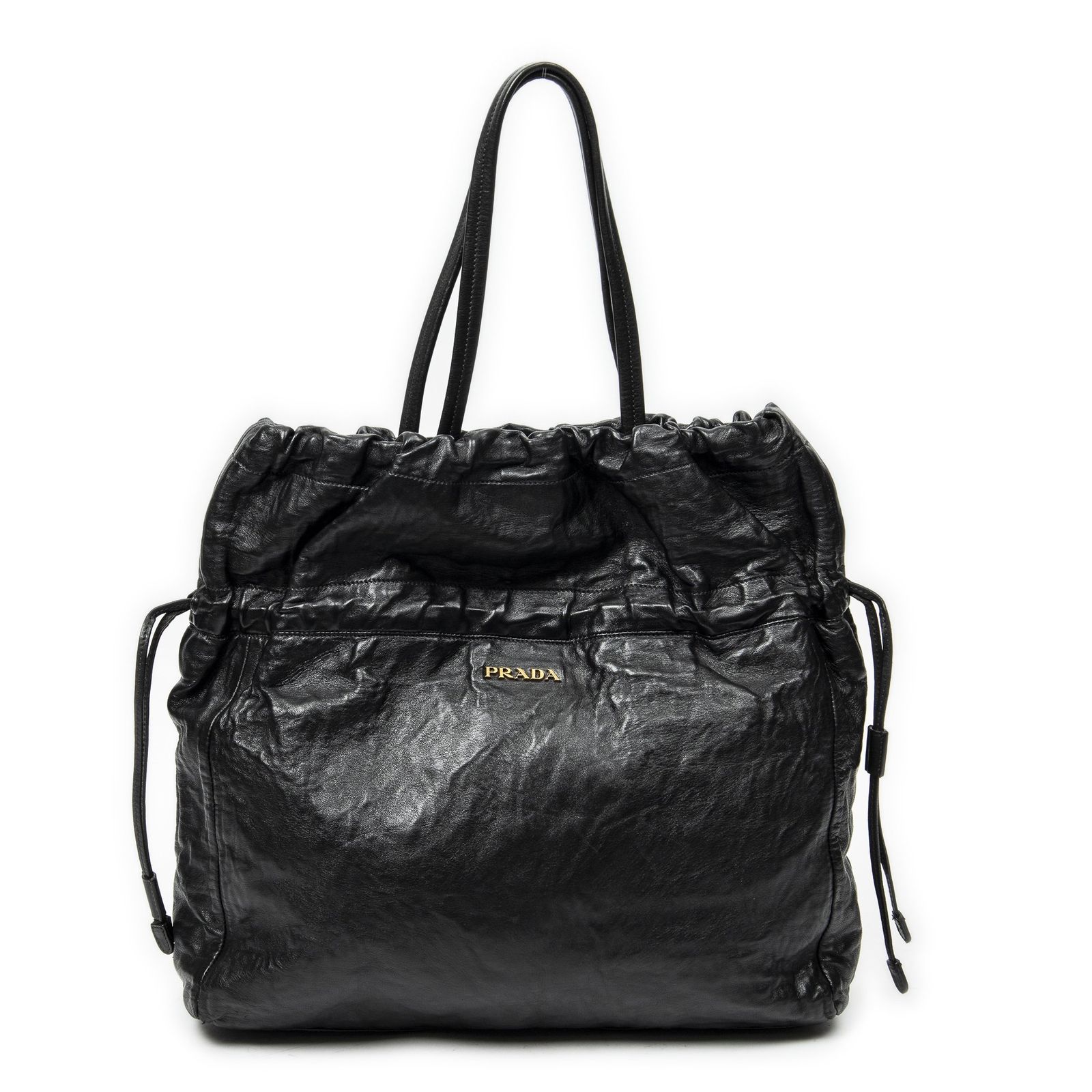 [中古] PRADA プラダドローストリング ショッピング トート黒ナッパゴーフルレザーA