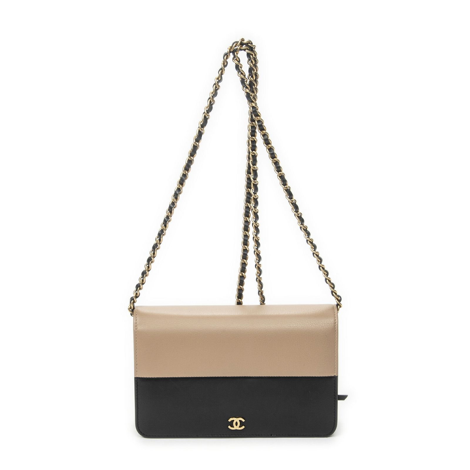 [中古] CHANEL シャネルCC ツートーン ウォレット オン チェーンベージュ/ブラックカーフスキンレザーA