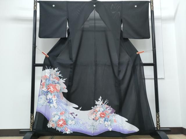 平和屋着物＊夏物　黒留袖　絽　孔雀花文　銀彩　洗える着物　CABH3831th