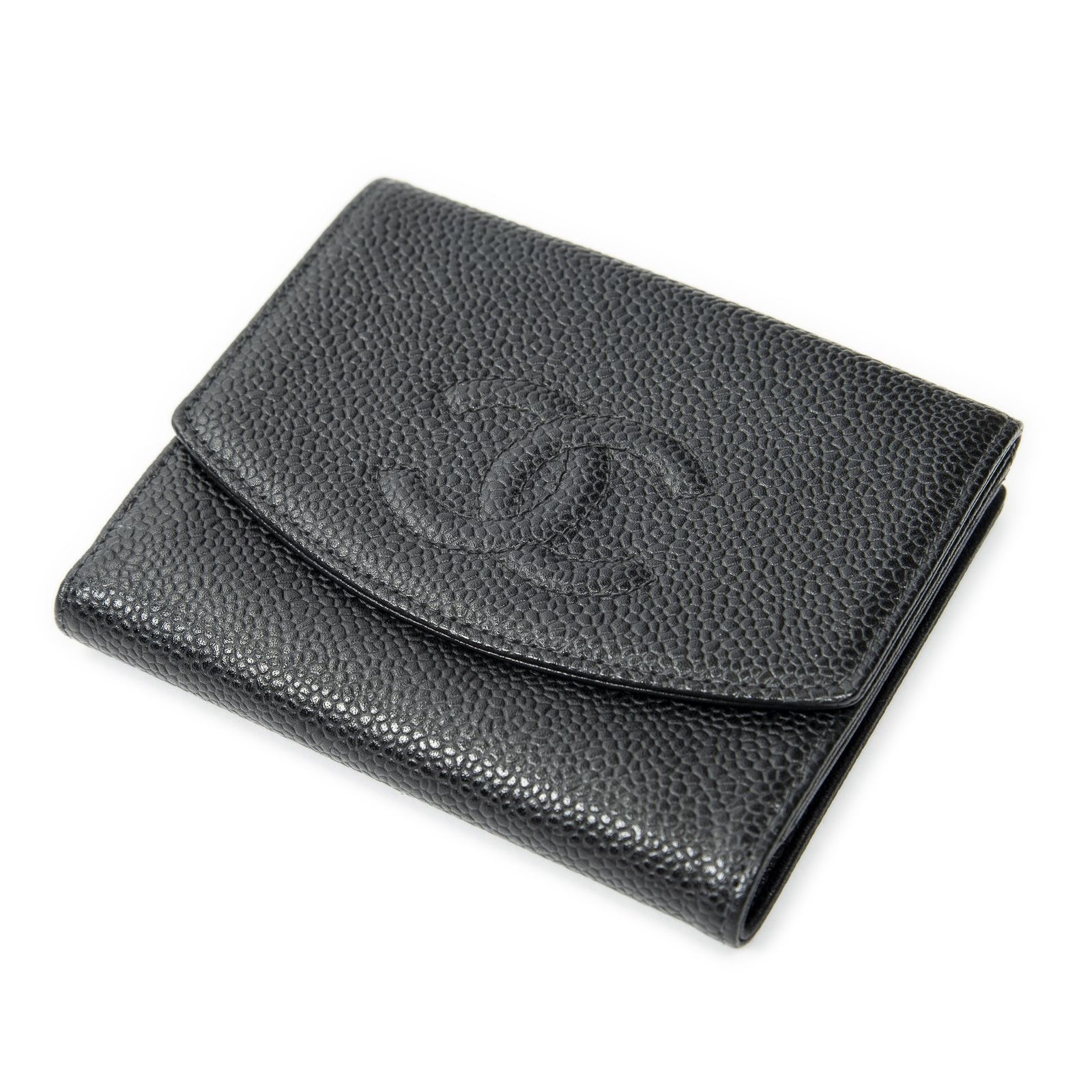 [中古] CHANEL シャネルタイムレス二つ折り財布黒キャビアレザーA