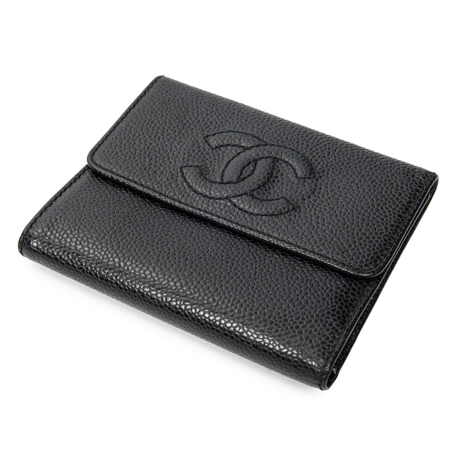 [中古] CHANEL シャネルタイムレス二つ折り財布黒キャビアレザーA