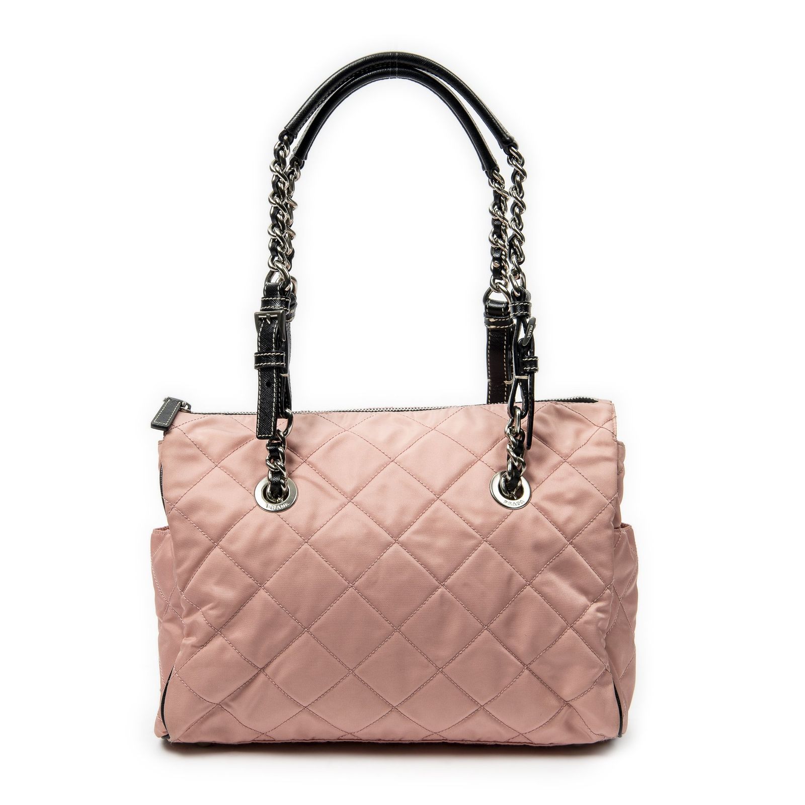 [中古] PRADA プラダチェーントートピンク、黒マトラッセナイロンキャンバスA