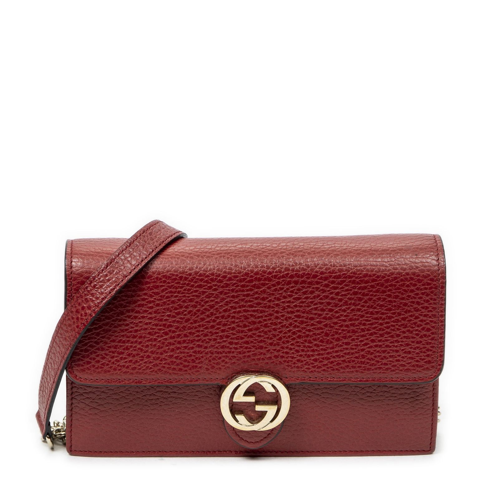 [中古] GUCCI グッチインターロッキング G チェーンウォレット赤グレインカーフスキンレザーA