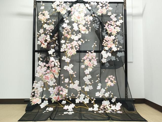 平和屋着物＊夏物 お引きずり・お引き摺り・引き振袖 和装 結婚式 舞妓 芸妓 芸者 衣装 枝花文 オーガンジー 黒地 金銀彩 逸品 CABH3899th