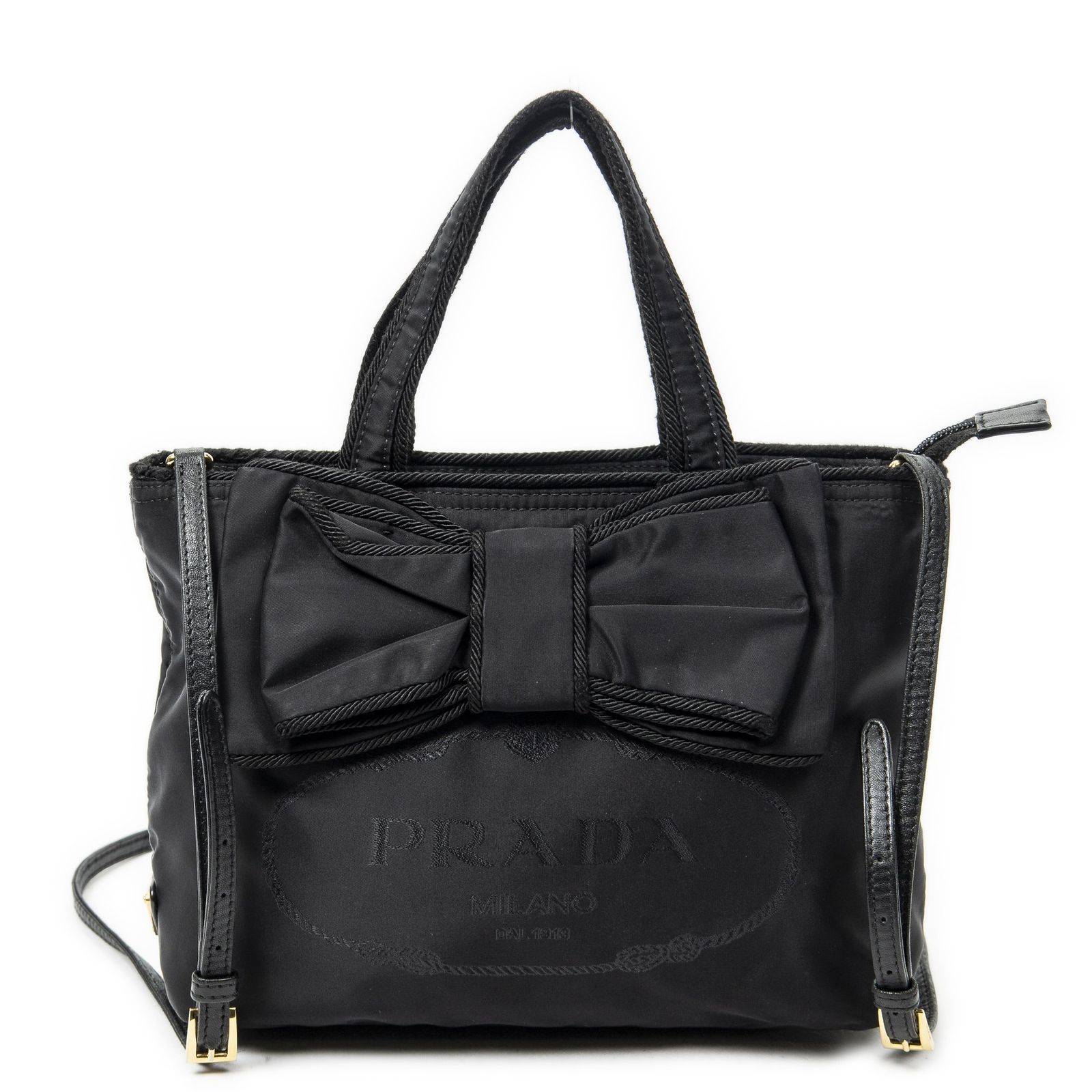 [中古] PRADA プラダリボントート黒ナイロンキャンバスA