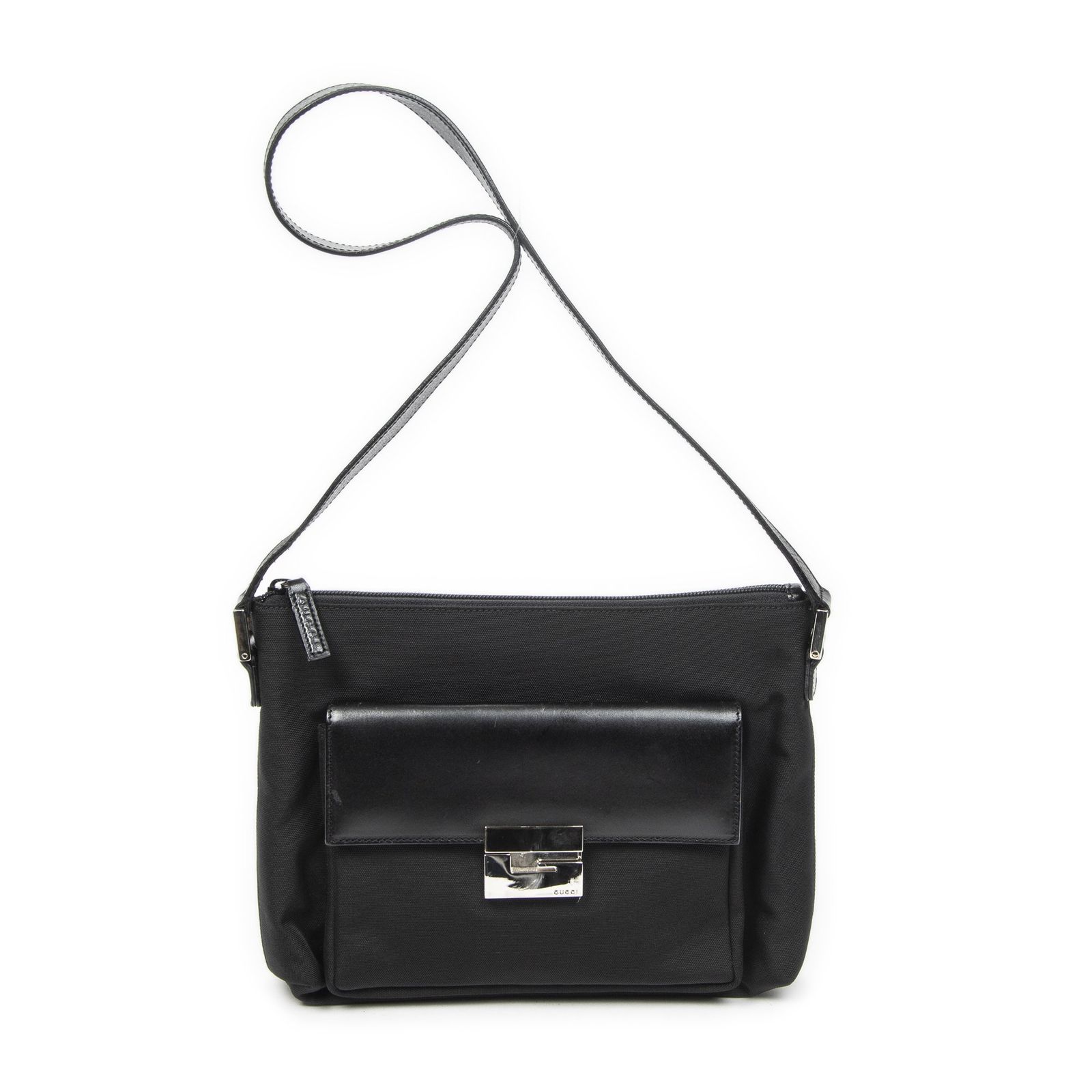 [中古] GUCCI グッチG プッシュロック ショルダー トート黒ナイロンキャンバスA