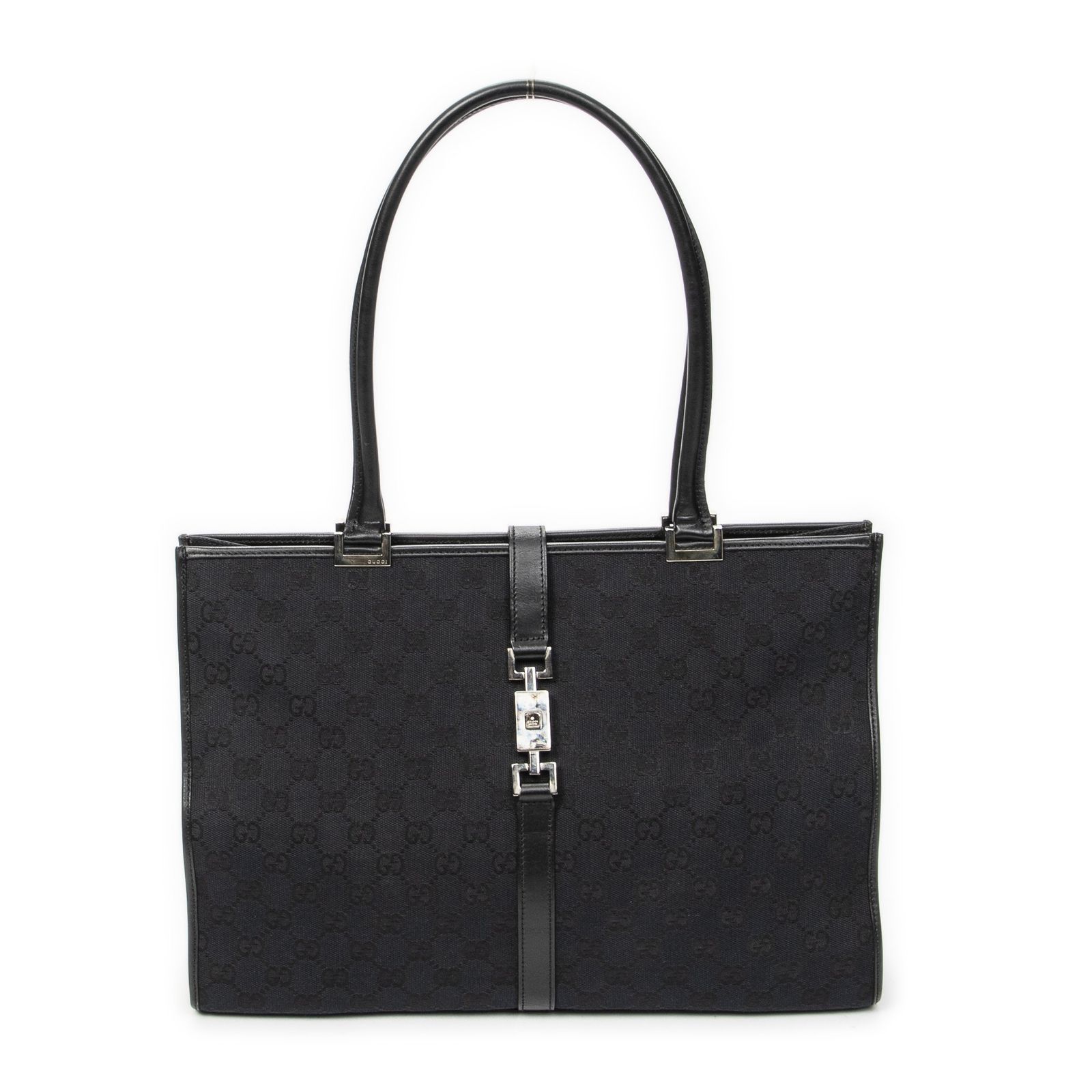 [中古] GUCCI グッチラージスクエアバンブートートバッグ黒GGキャンバスA