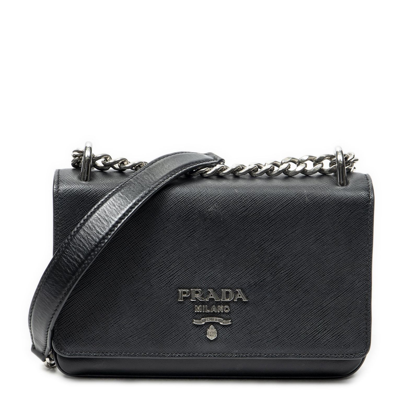 [中古] PRADA プラダチェーンショルダー黒サフィアーノレザーA