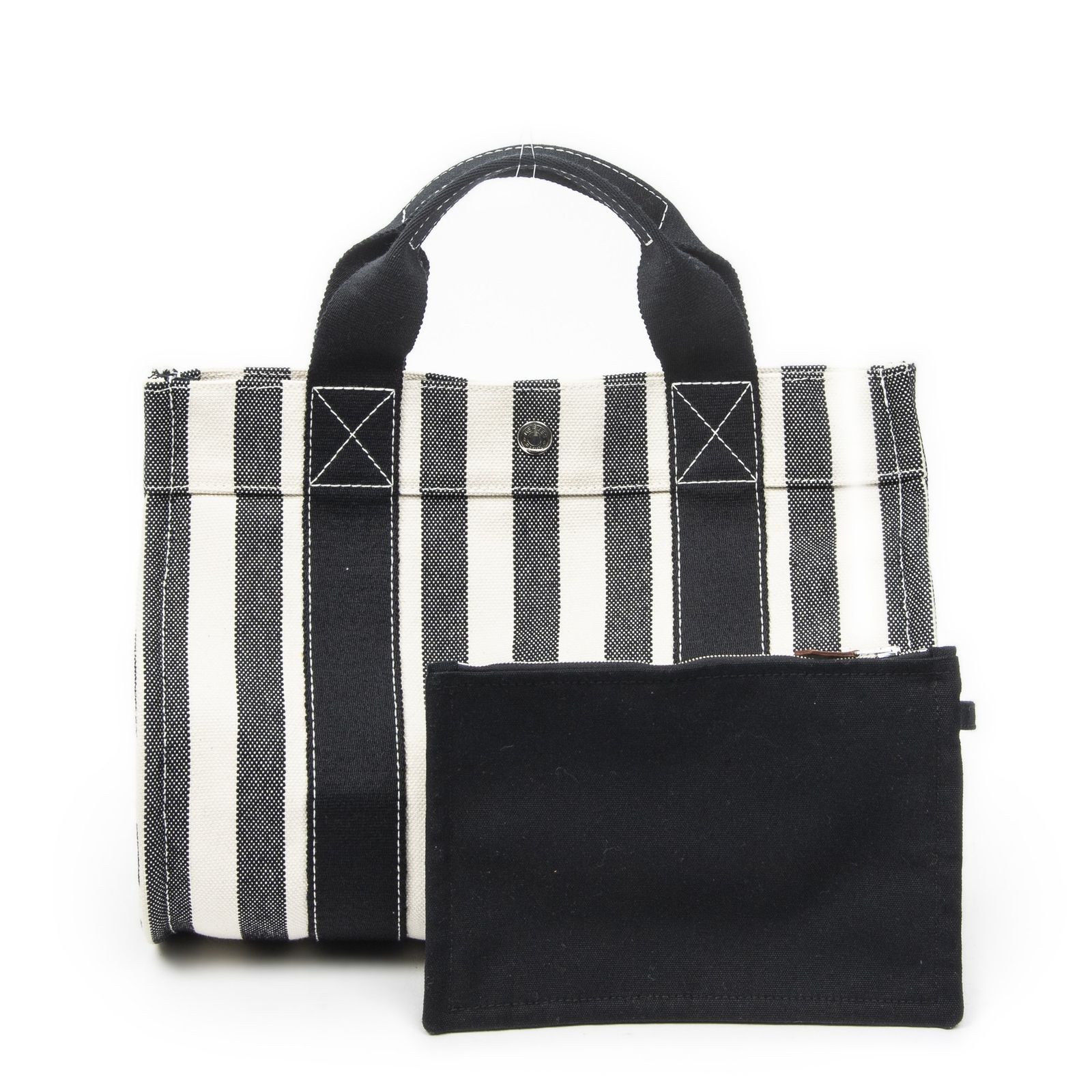 [中古] HERMES エルメスカンヌ トートアイボリー、黒ストライプキャンバスA