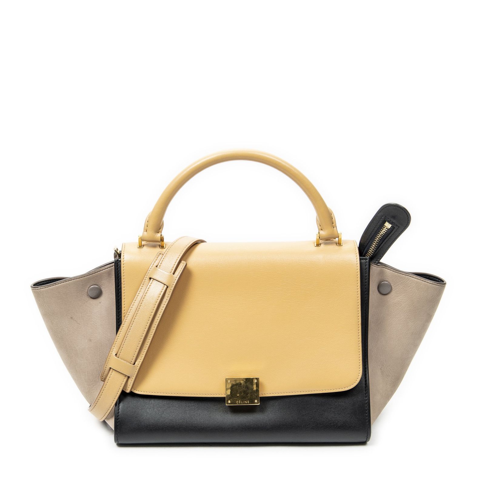 [中古] CELINE セリーヌスモール三色トラぺズ黒、ライトオレンジ、トープカーフスキンレザーA