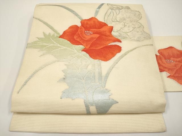 平和屋着物＊夏物　九寸名古屋帯　枝花文　銀糸　正絹　逸品　CABH6197tx