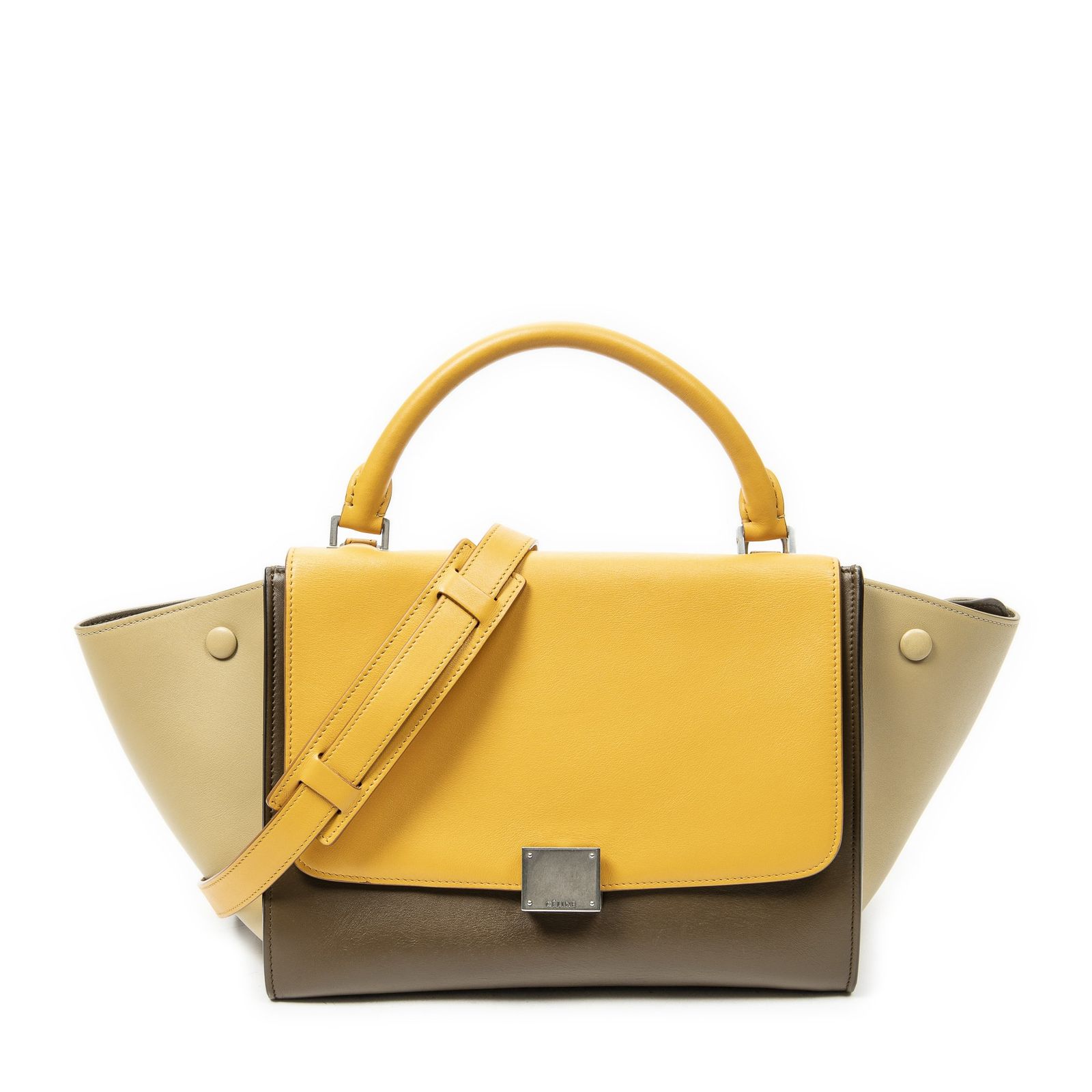 [中古] CELINE セリーヌスモール三色トラぺズ茶色、オレンジ、ベージュカーフスキンレザーA