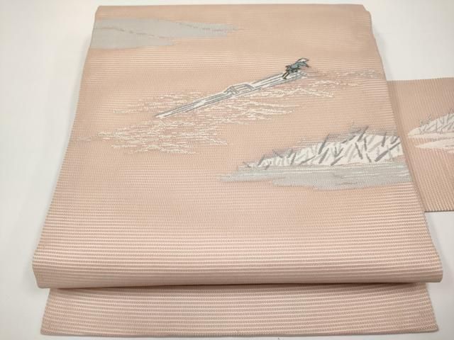 平和屋着物＊夏物　九寸名古屋帯　人物風景文　銀糸　正絹　逸品　CABH6203tx