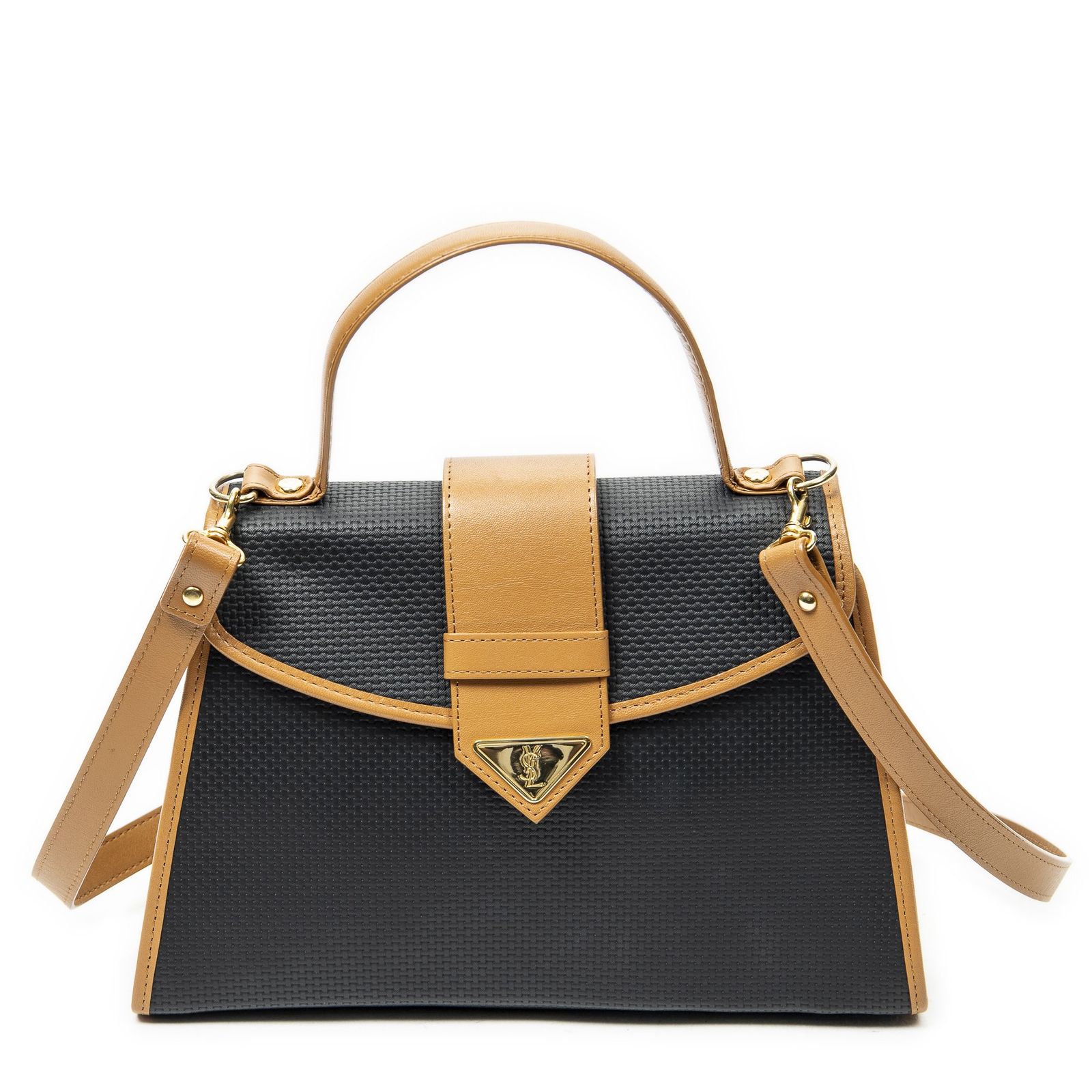 [中古] YVES SAINT LAURENT イヴサンローランヴィンテージトップハンドルフラップ黒、タンゴッホ PVCキャンバスA