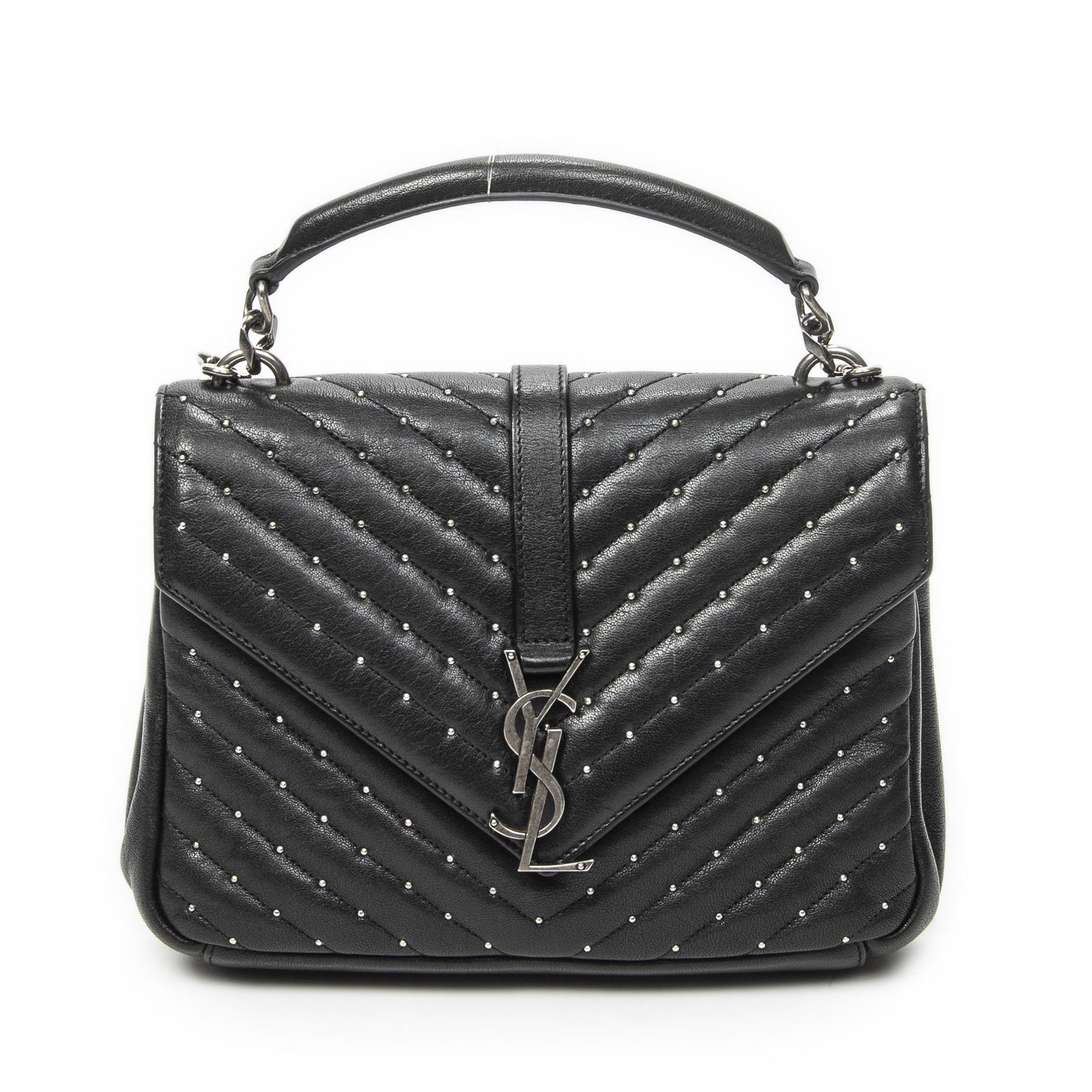[中古] YVES SAINT LAURENT イヴサンローランMedium College Bag黒マトラッセシェブロンレザーA