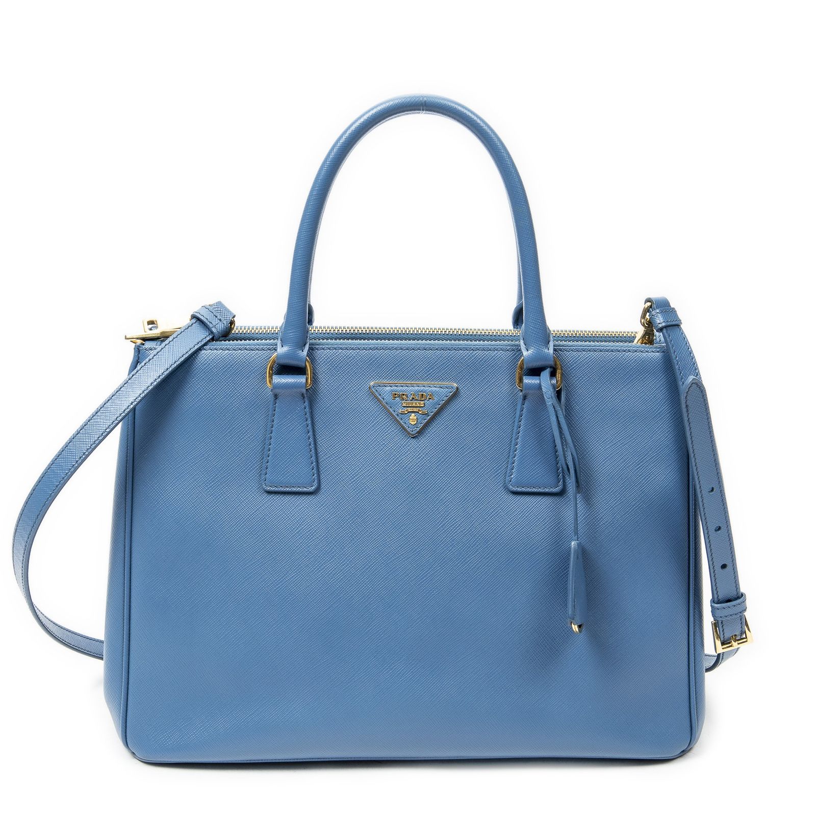 [中古] PRADA プラダラージダブルジップ ガレリア トート水色サフィアーノレザーA