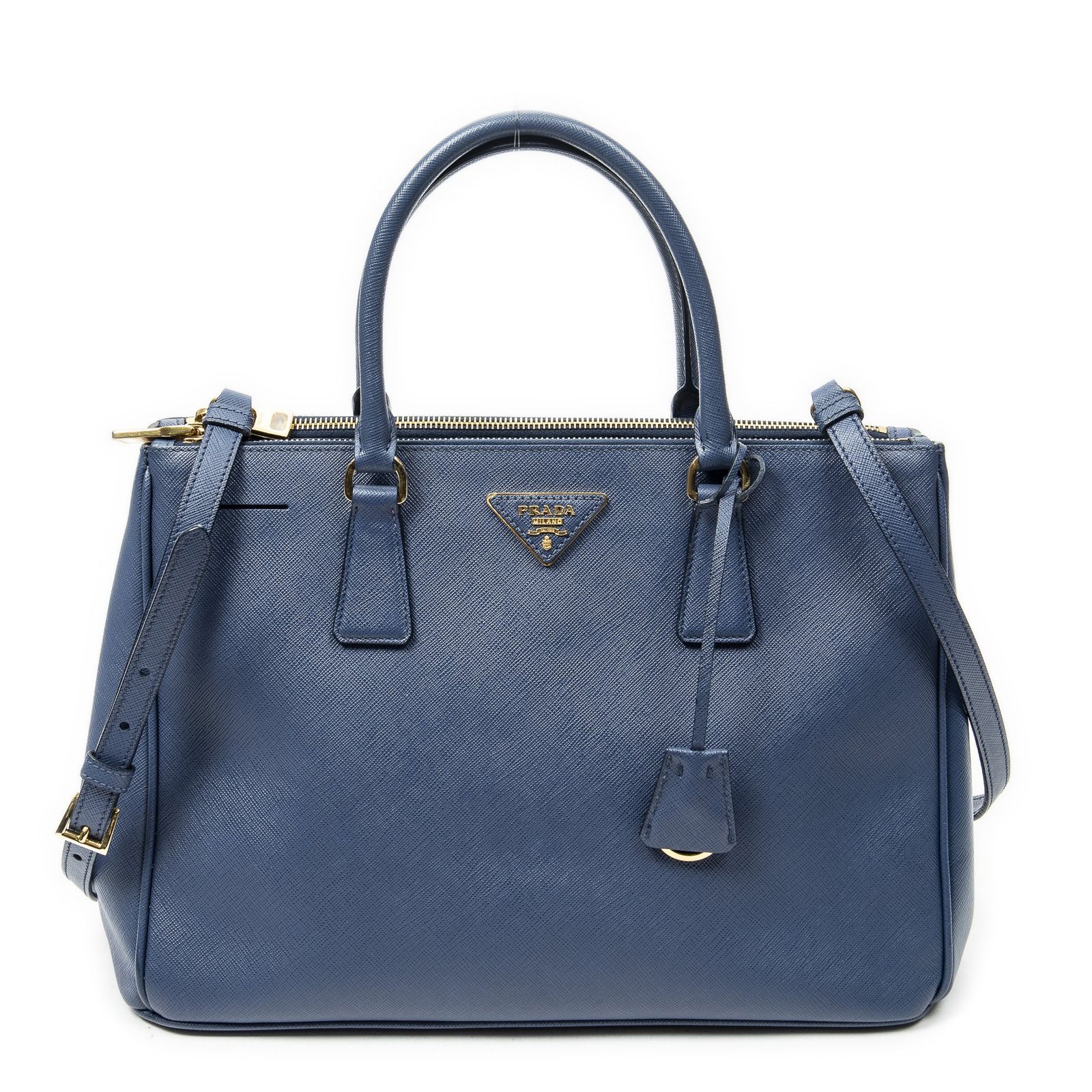 [中古] PRADA プラダラージダブルジップ ガレリア トート青サフィアーノレザーA