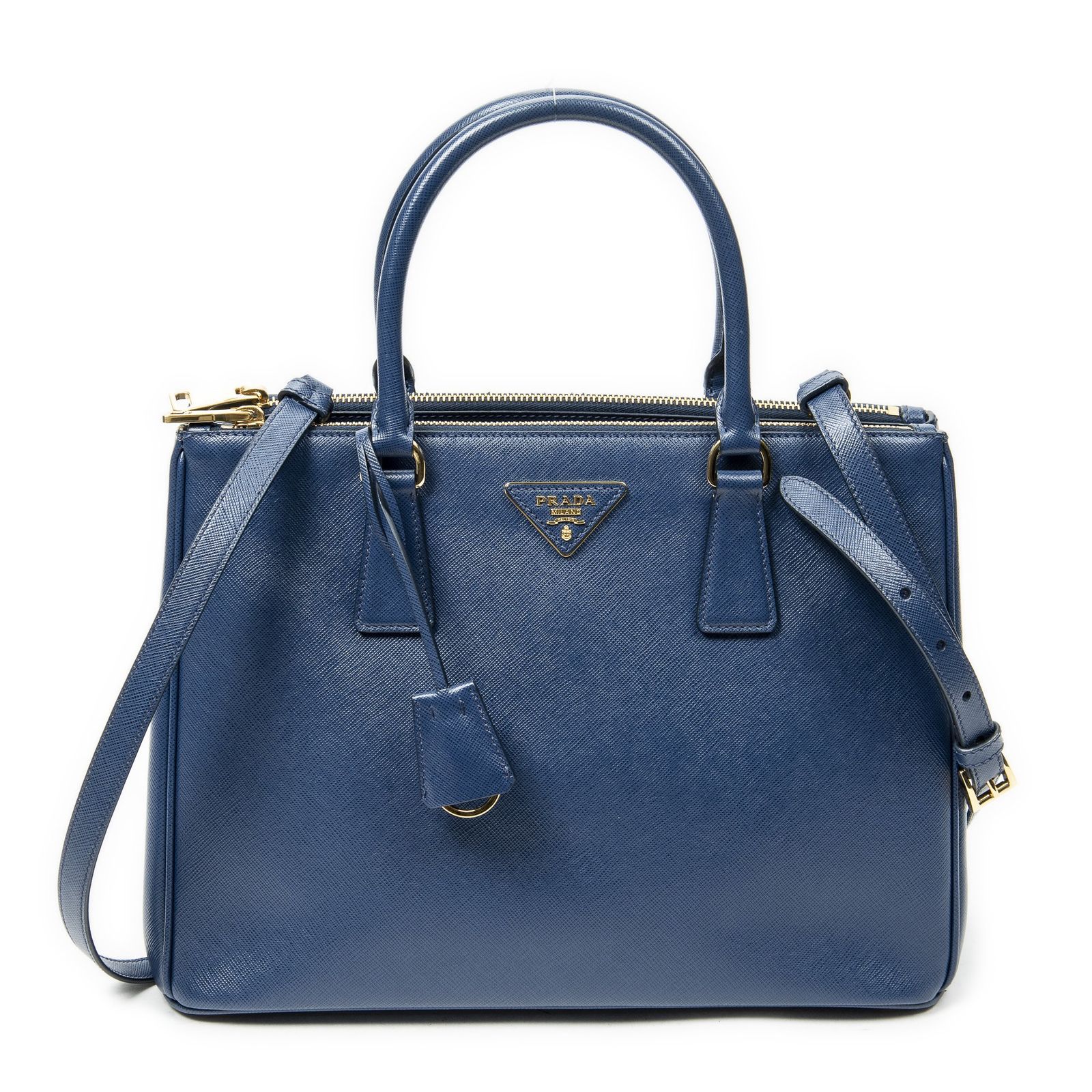 [中古] PRADA プラダラージダブルジップ ガレリア トートダークブルーサフィアーノレザーA