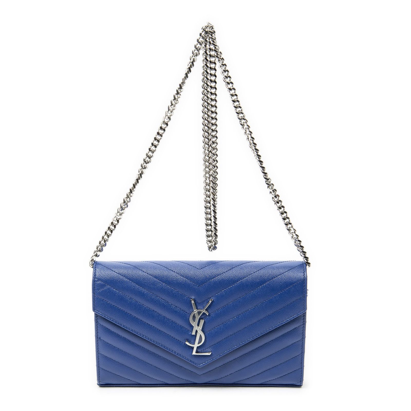 [中古] YVES SAINT LAURENT イヴサンローランクラシック カッサンドル チェーン ウォレット青マトラッセ グレイン ドゥ プードル レザーA