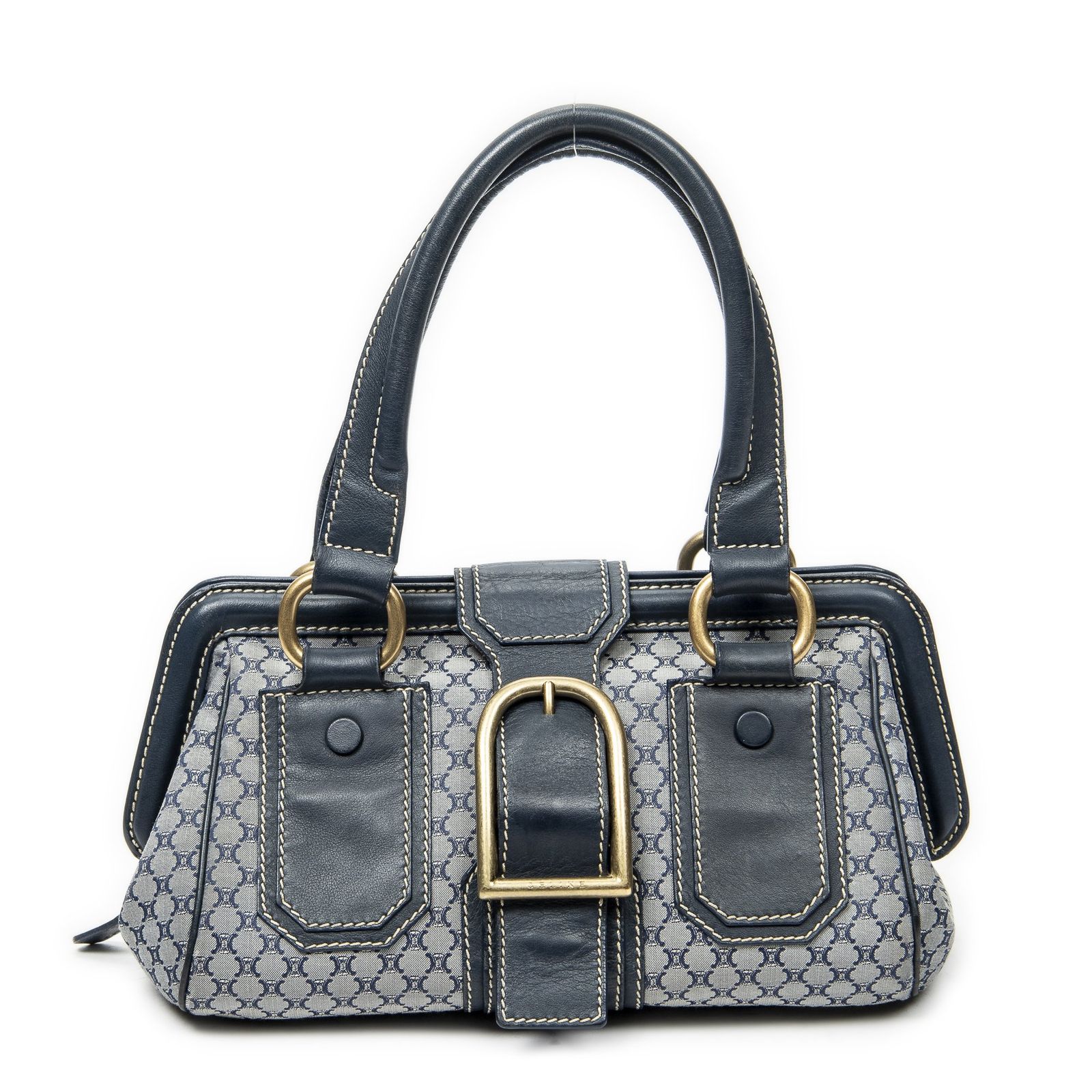 [中古] CELINE セリーヌフレームバックル ボストン バッグネイビー/グレーマカダムキャンバスAB