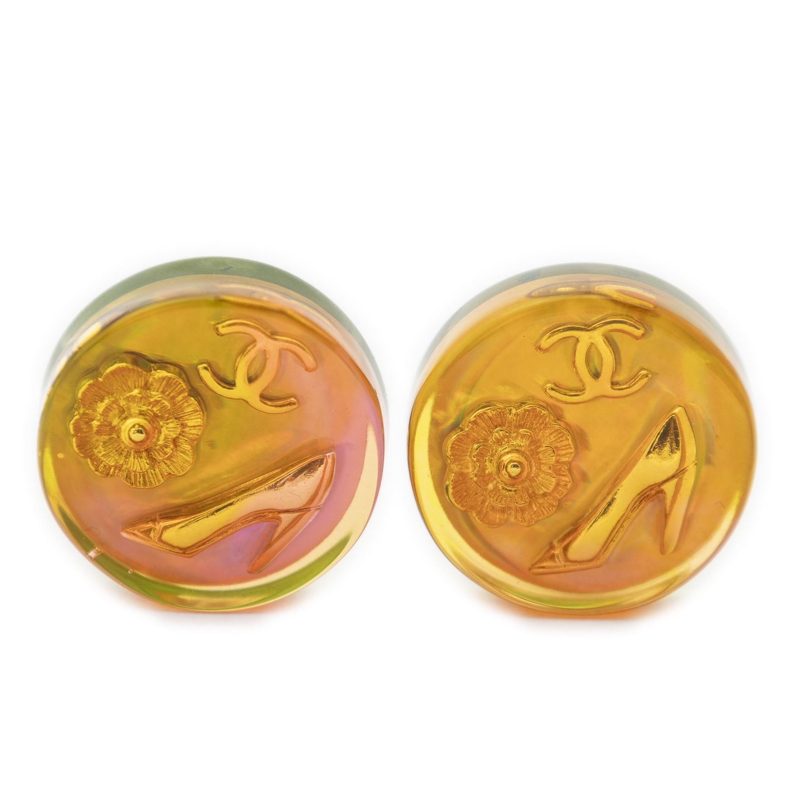 [中古] CHANEL シャネルCC レジン ホログラフィック カメリア ラウンド クリップオン イヤリング金レジンA