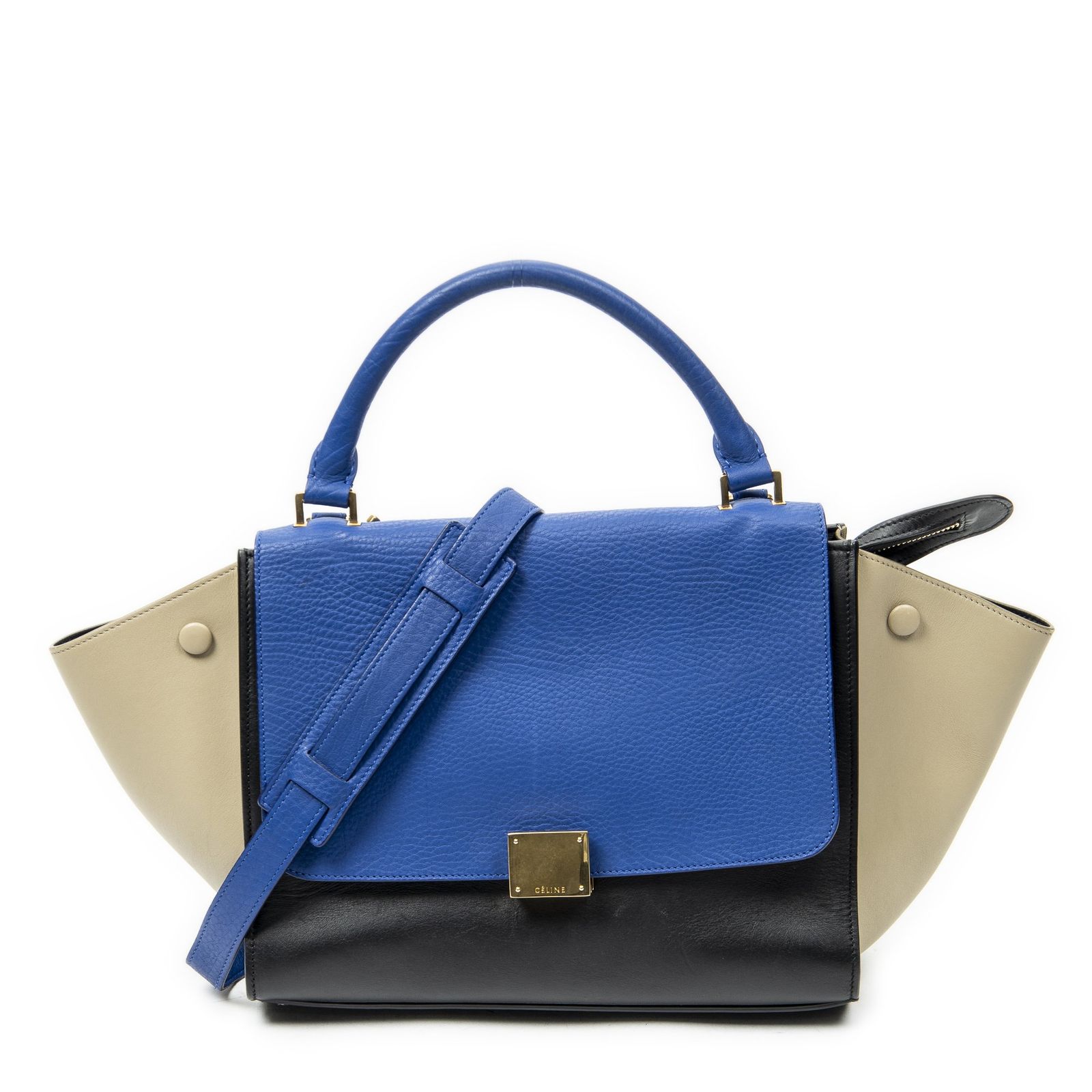 [中古] CELINE セリーヌスモール中ブランコ青、黒、ベージュカーフスキンレザーA