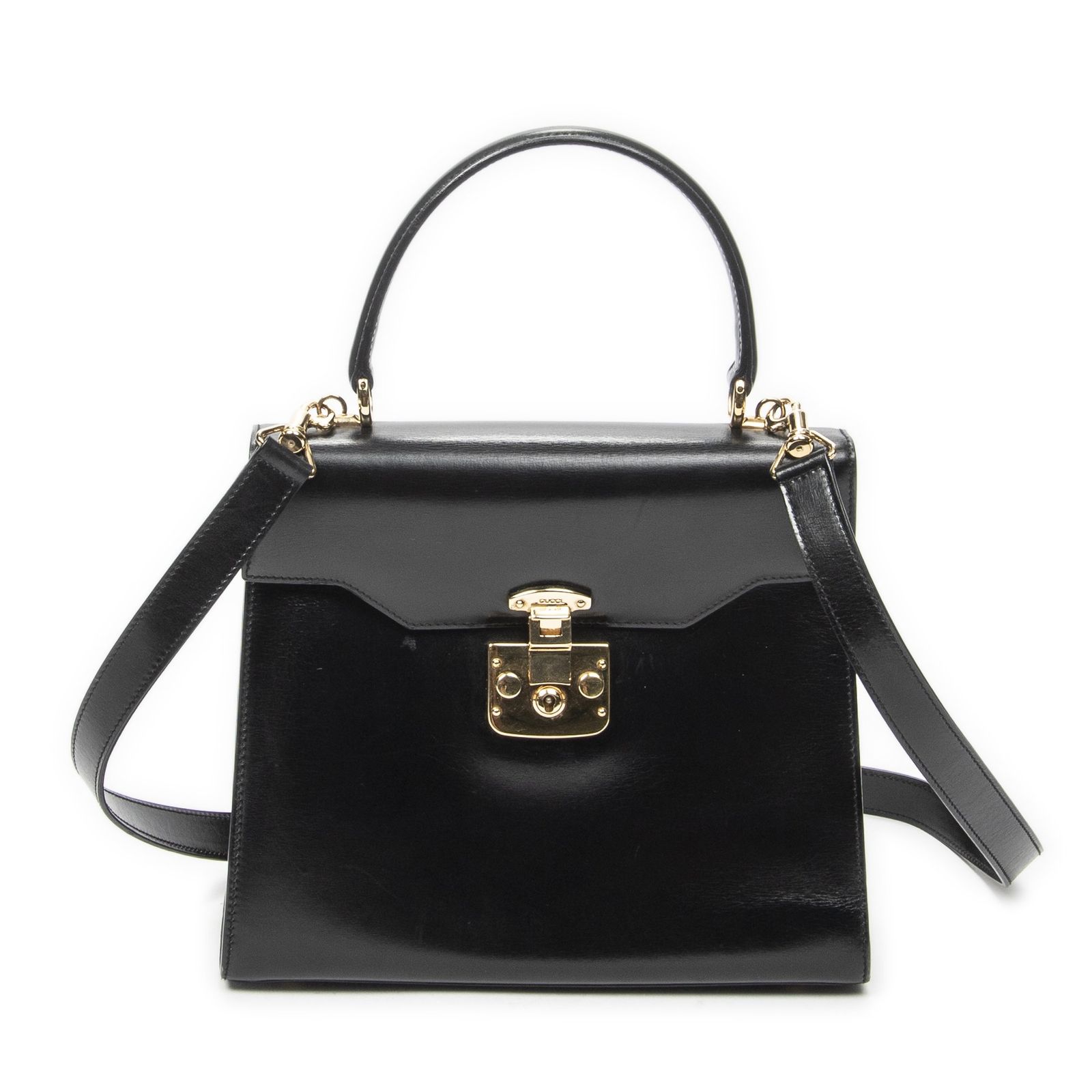 [中古] GUCCI グッチヴィンテージフラップトップハンドル黒スムースカーフスキンレザーA