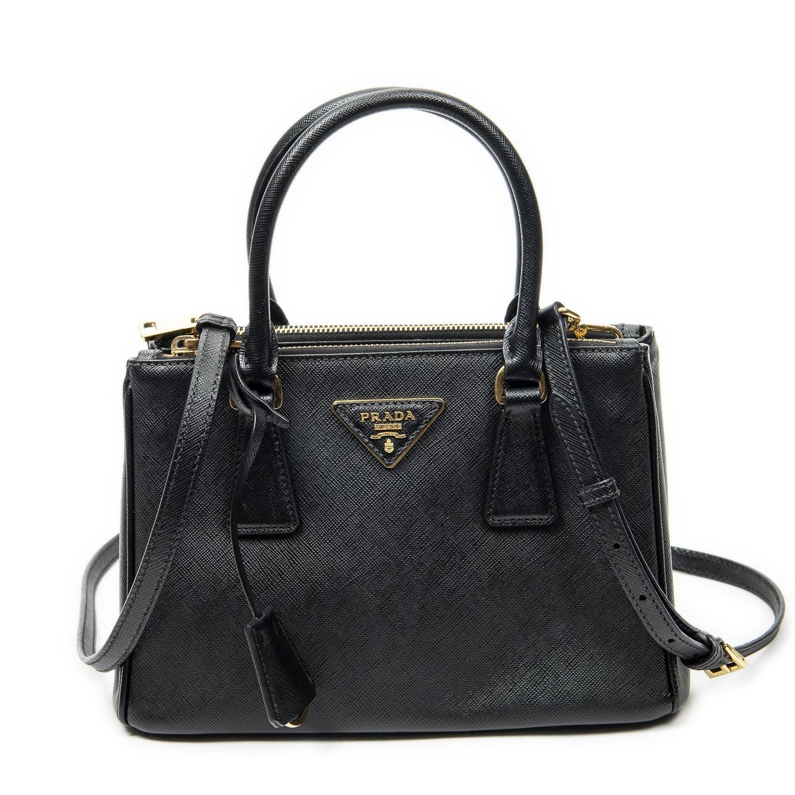 [中古] PRADA プラダラージダブルジップ ガレリア トート黒サフィアーノレザーA