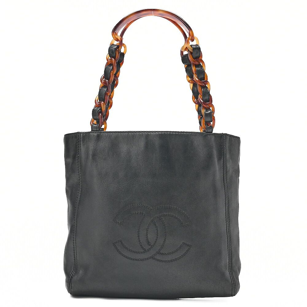CHANEL シャネル チェーントートバッグ ラムスキン ココマーク べっ甲柄 プラチェーンショルダー 黒 ゴールド金具 レディースバッグ ブランド【中古】【送料無料】