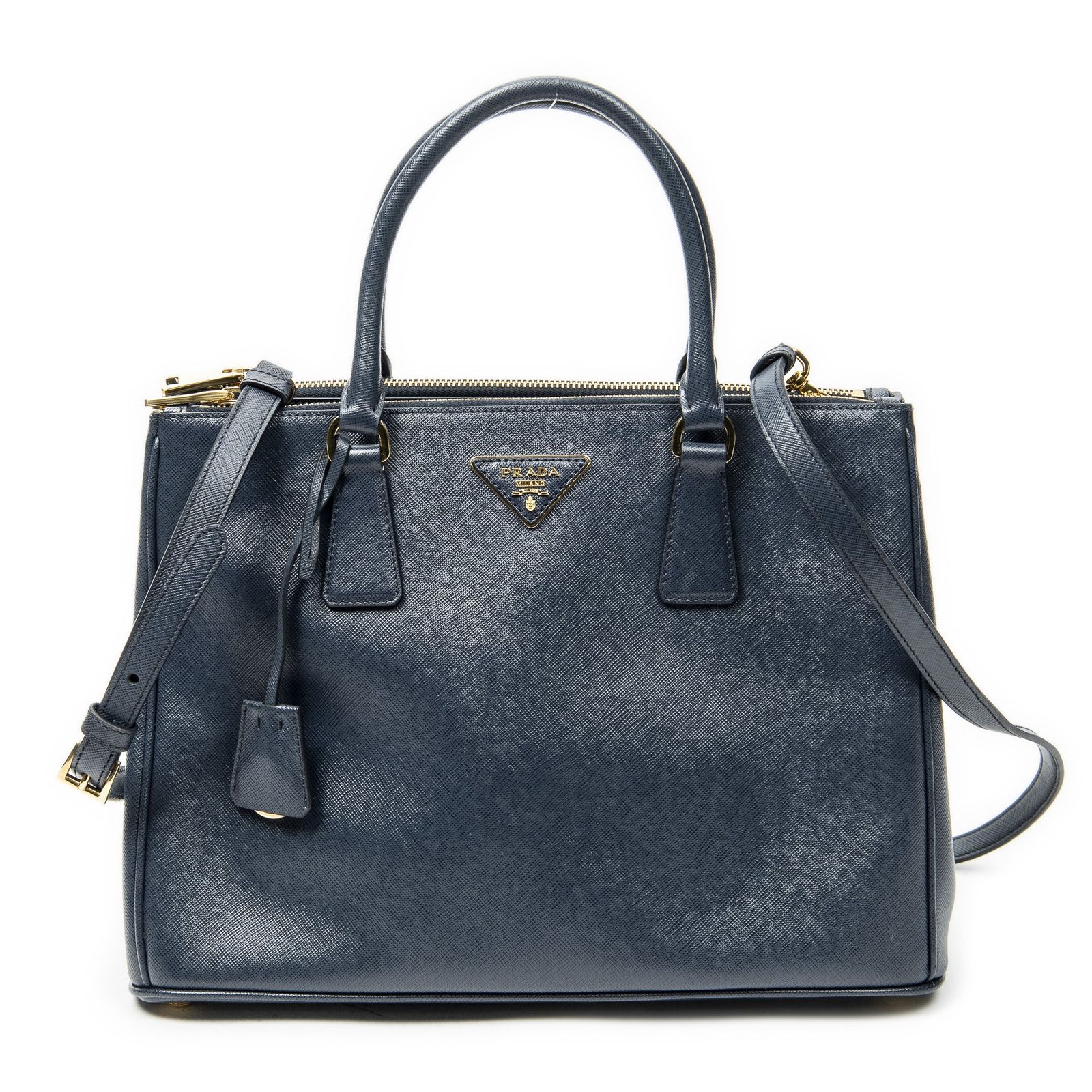 [中古] PRADA プラダラージダブルジップ ガレリア トートネイビーサフィアーノレザーA