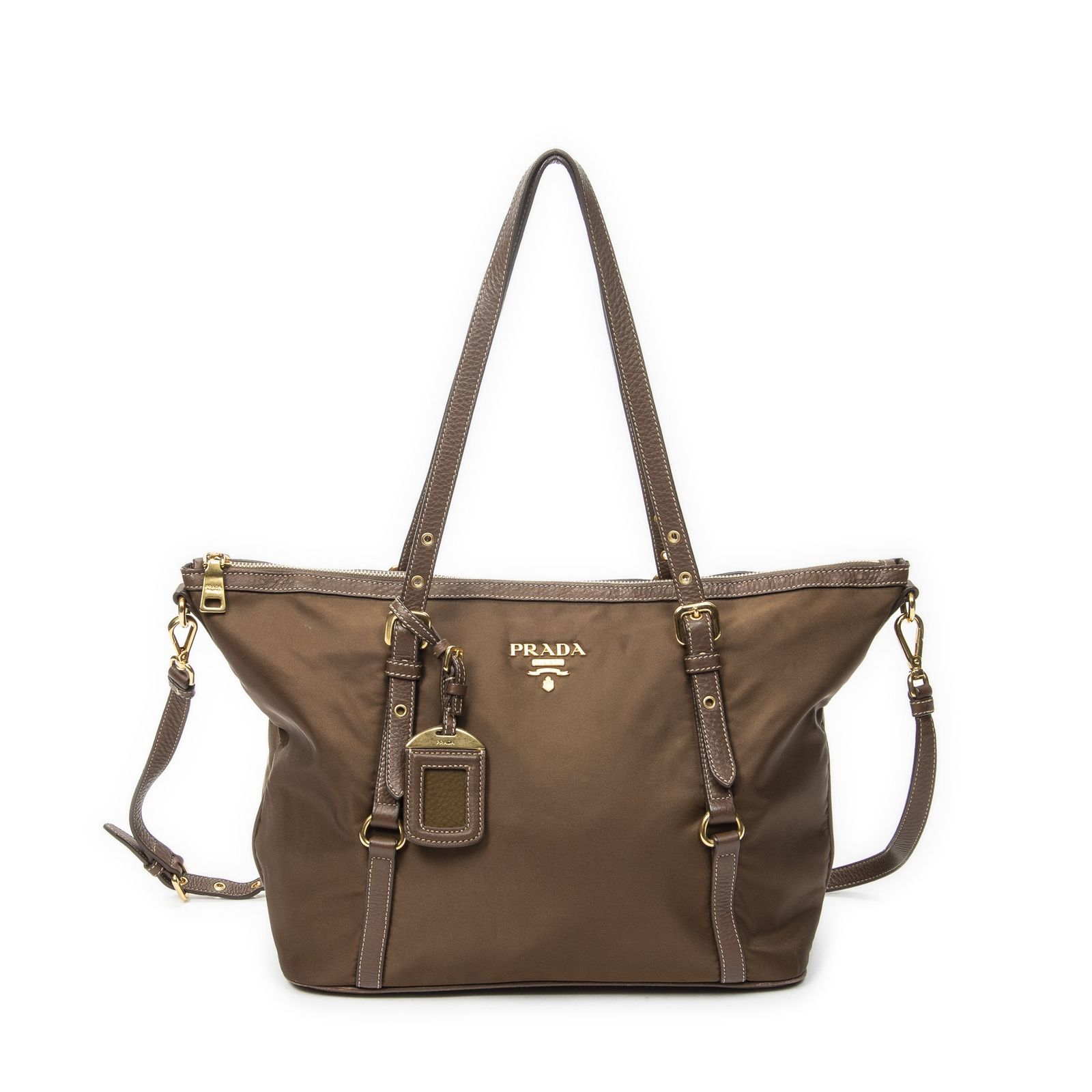 [中古] PRADA プラダジップショッピングトート茶色ナイロンキャンバスA