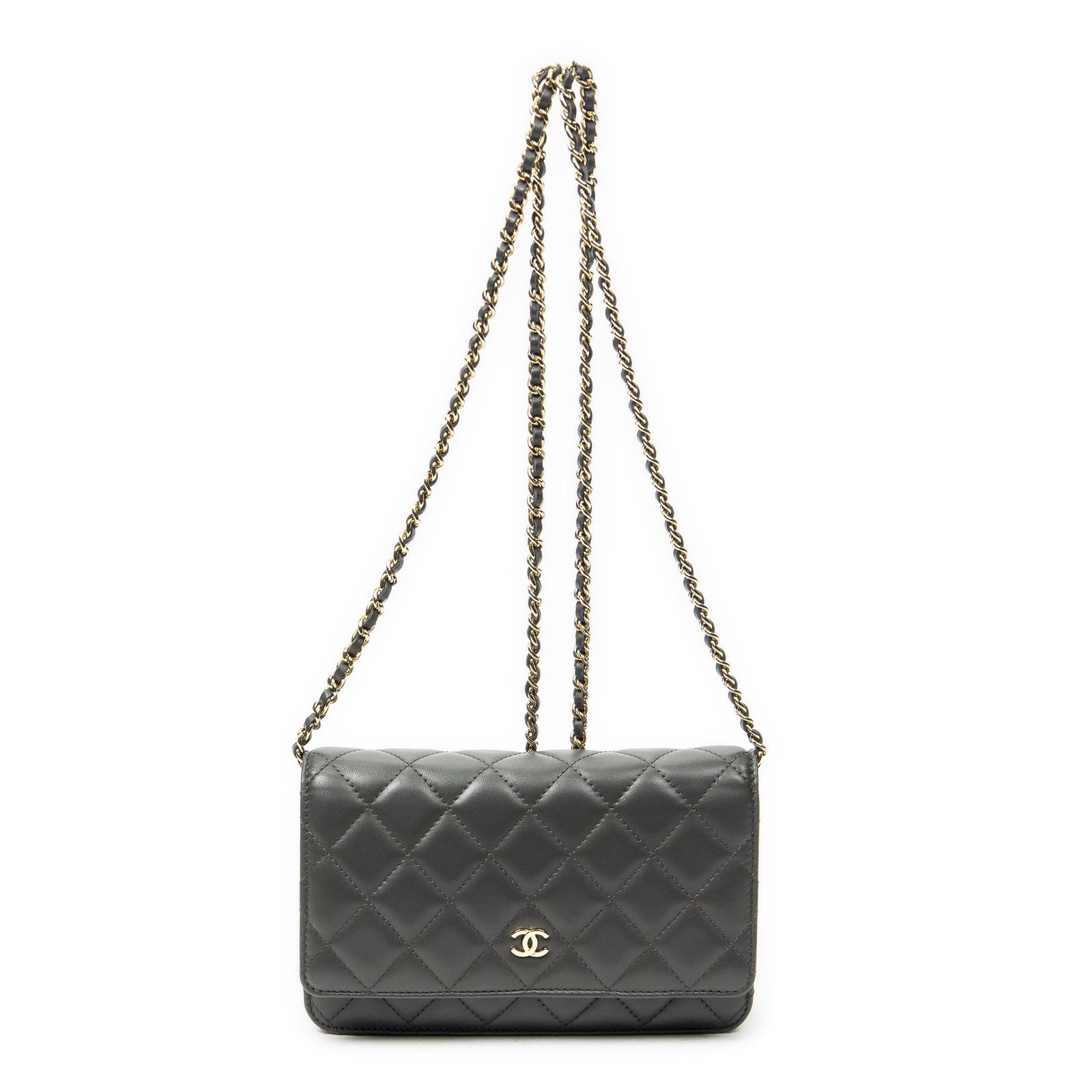 [中古] CHANEL シャネルクラシックチェーンウォレットダークグレーマトラッセラムスキンレザーA