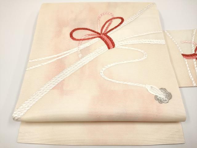平和屋着物＊夏物　九寸名古屋帯　総刺繍　結び紐文　銀糸　正絹　逸品　CABH6165tx