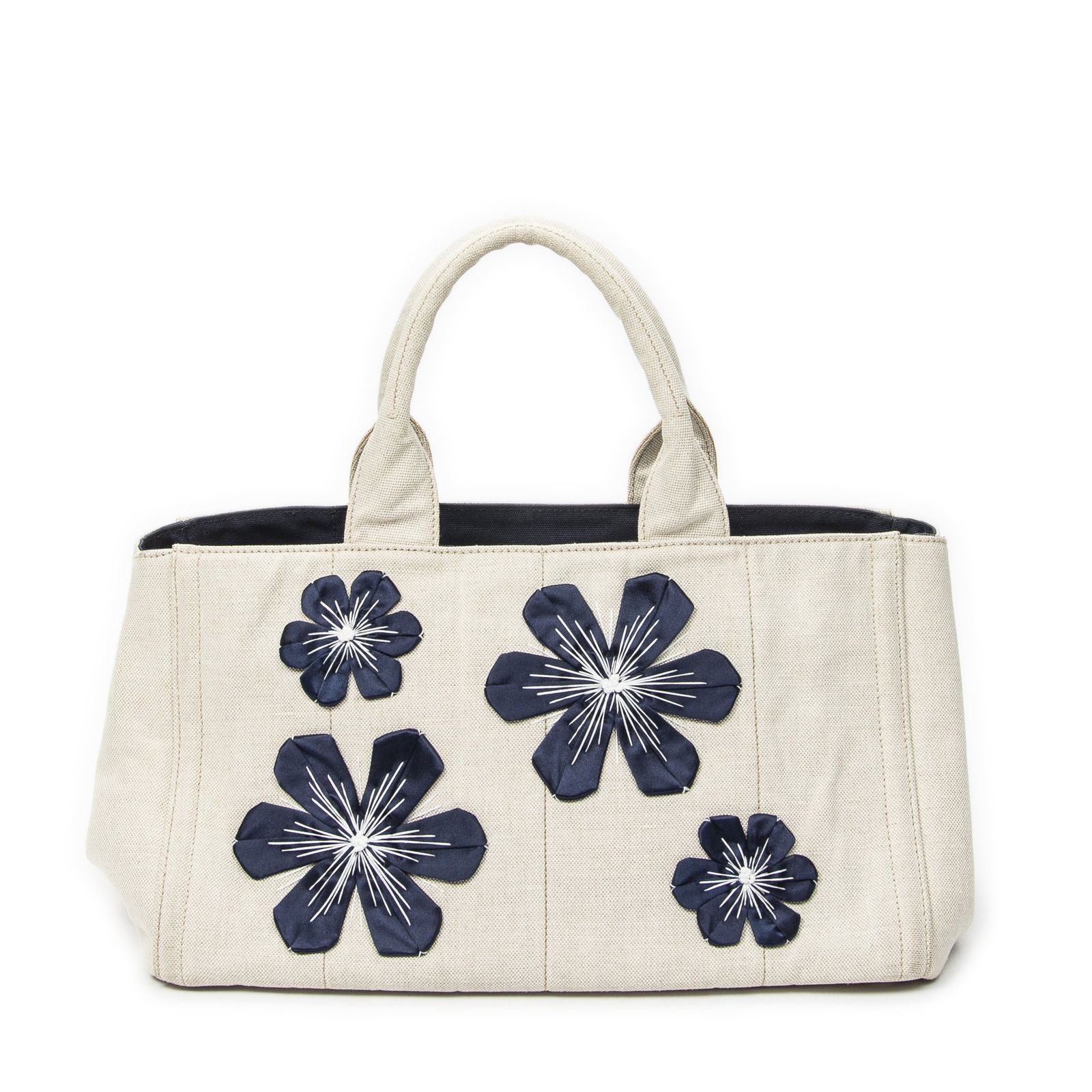 [中古] PRADA プラダラージラインストーンカナパトートベージュ/ブルーエムブロイダーキャンバスA
