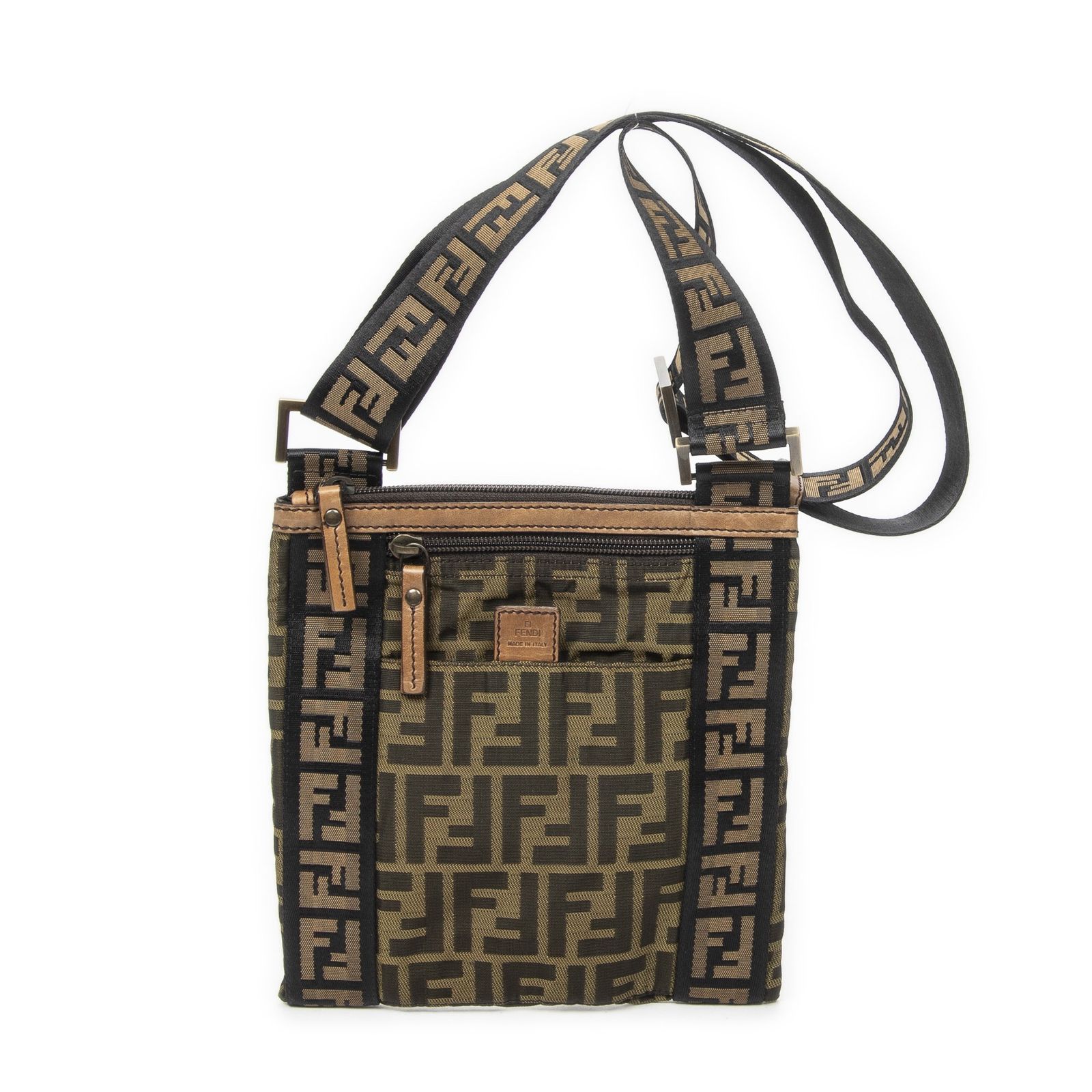 [中古] FENDI フェンディスクエアジップ クロスボディ茶色ズッカキャンバスA