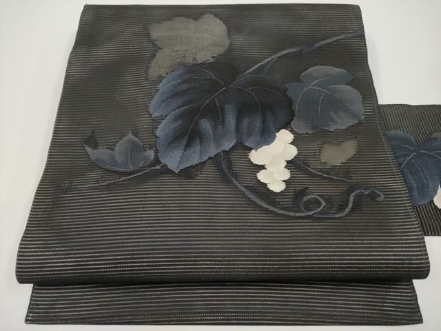平和屋着物＊夏物　九寸名古屋帯　絽綴れ　葡萄蔦の葉文　黒地　正絹　逸品　CABH6171tx