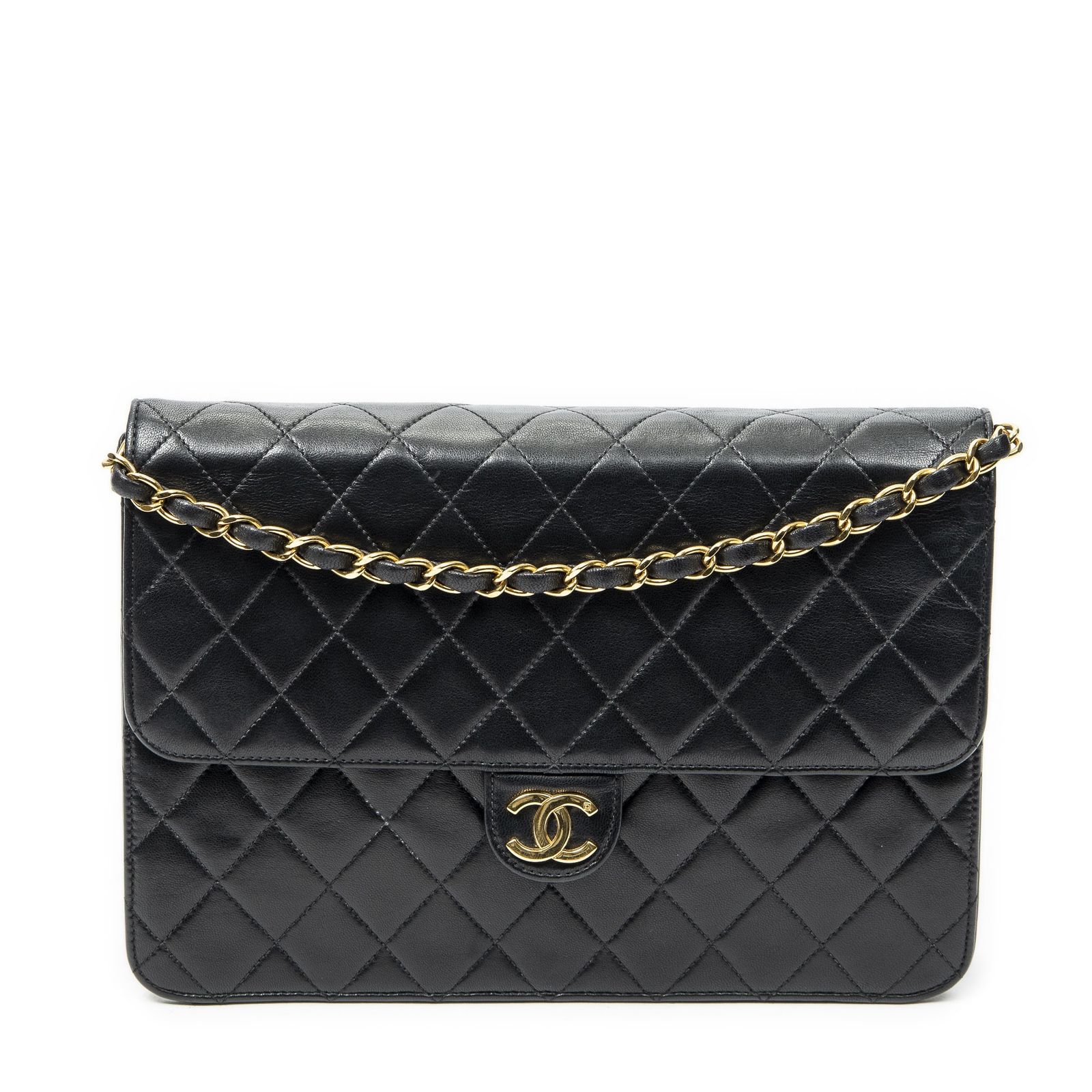 [中古] CHANEL シャネルヴィンテージプッシュロックストレートフラップ黒マトラッセラムスキンレザーA