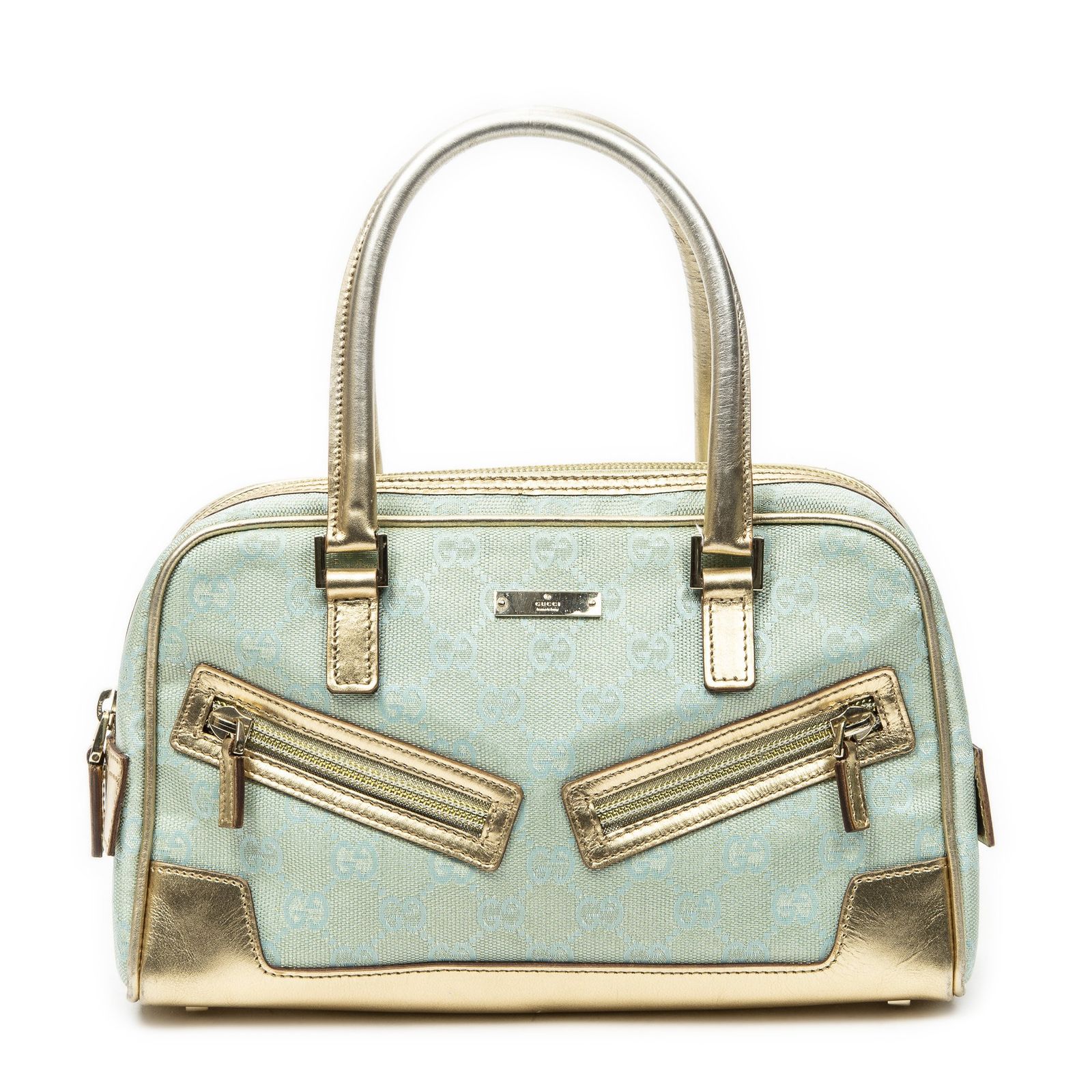 [中古] GUCCI グッチミニボストンライトブルー/ゴールドGGキャンバスA