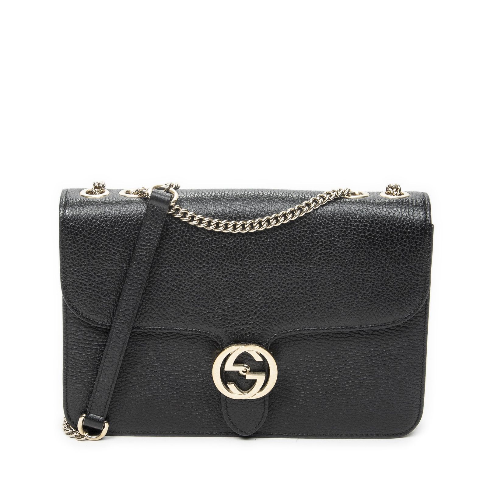 [中古] GUCCI グッチスモール インターロッキング GG チェーン クロスボディ黒グレインカーフスキンレザーA