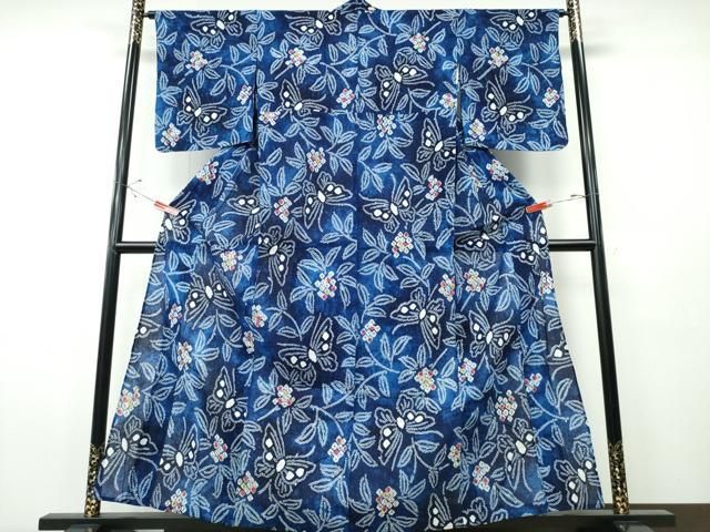 平和屋着物∴夏物　浴衣　有松鳴海絞り　枝花舞蝶文　綿　逸品　CABH1362ng